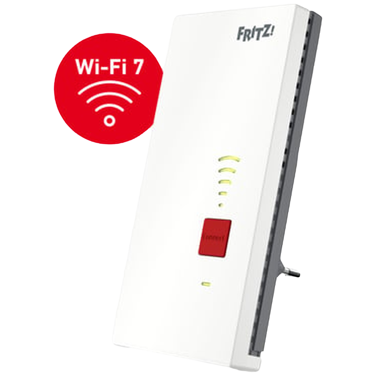 Een witte Fritz!Box Wi-Fi versterker met rode knop en Wi-Fi 7 logo.