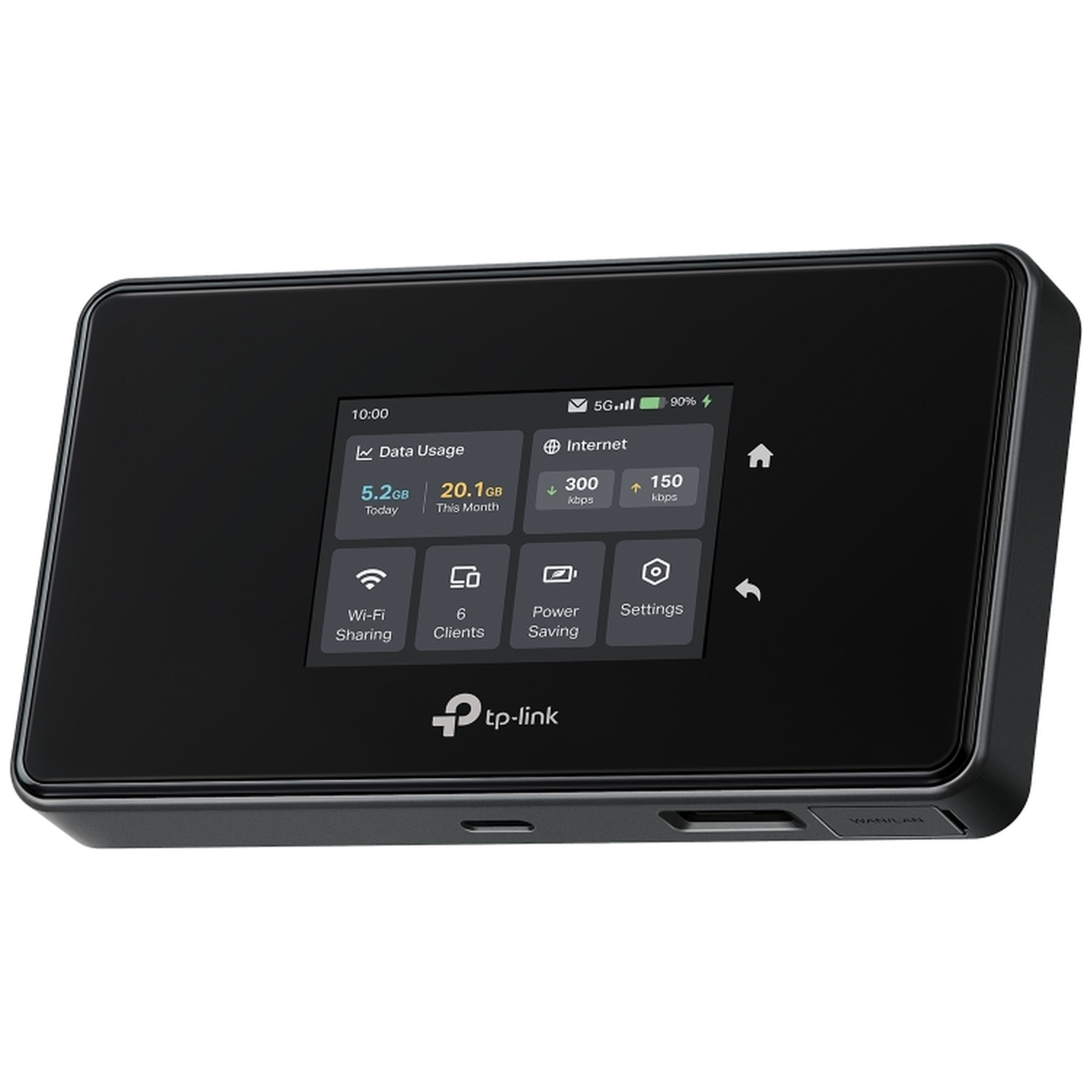 Een zwart TP-Link mobiel Wi-Fi apparaat met touchscreen toont dataverbruik en internetinformatie.