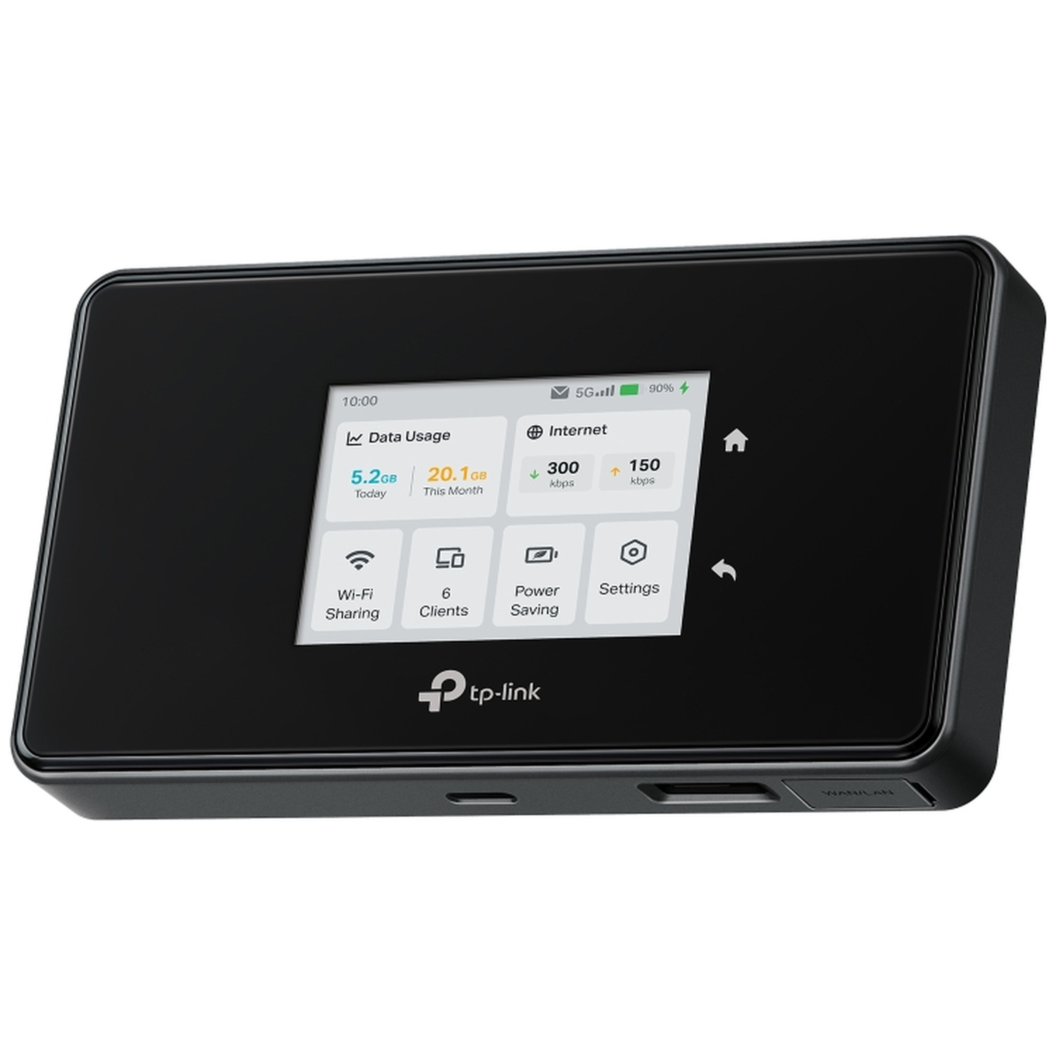 Een zwarte TP-Link WiFi router met touchscreen toont dataverbruik en internetstatus.