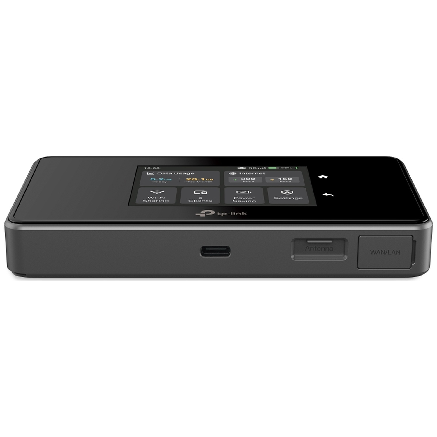 Een zwarte TP-Link mobiele router met touchscreen en poorten.