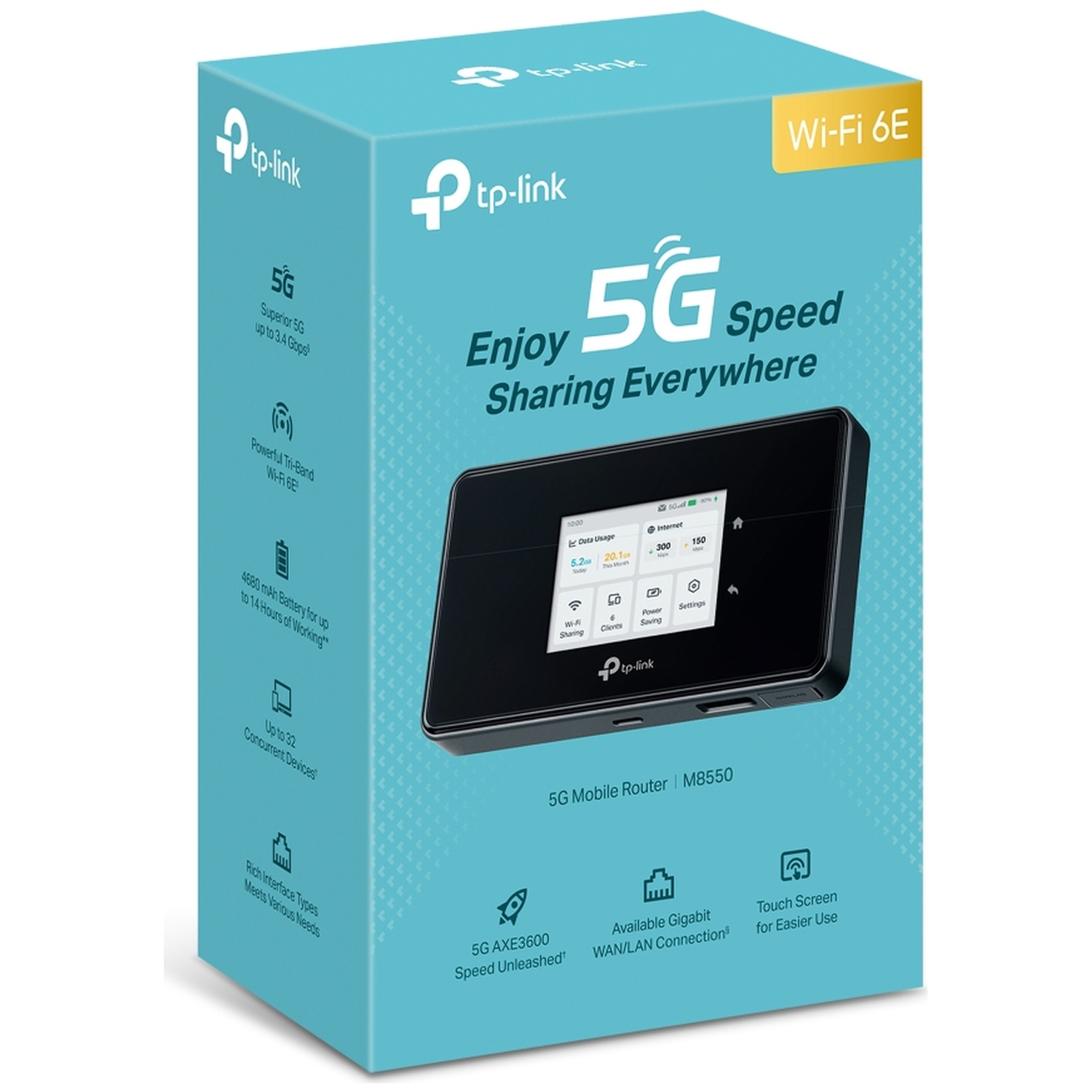 TP-Link 5G Mobile Router M8550 verpakking, met 5G snelheid en Wi-Fi 6E.