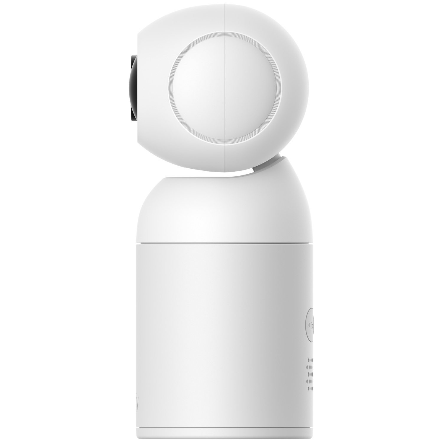 Caméra de sécurité blanche avec tête pivotante et grille de haut-parleur à la base.
