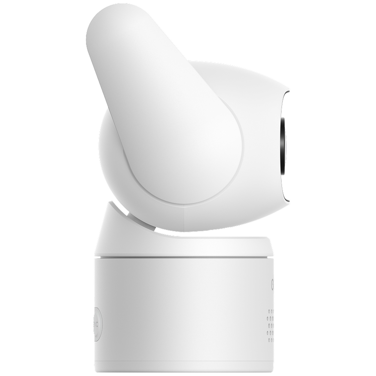White security camera with a swiveling head and speaker grille on base.