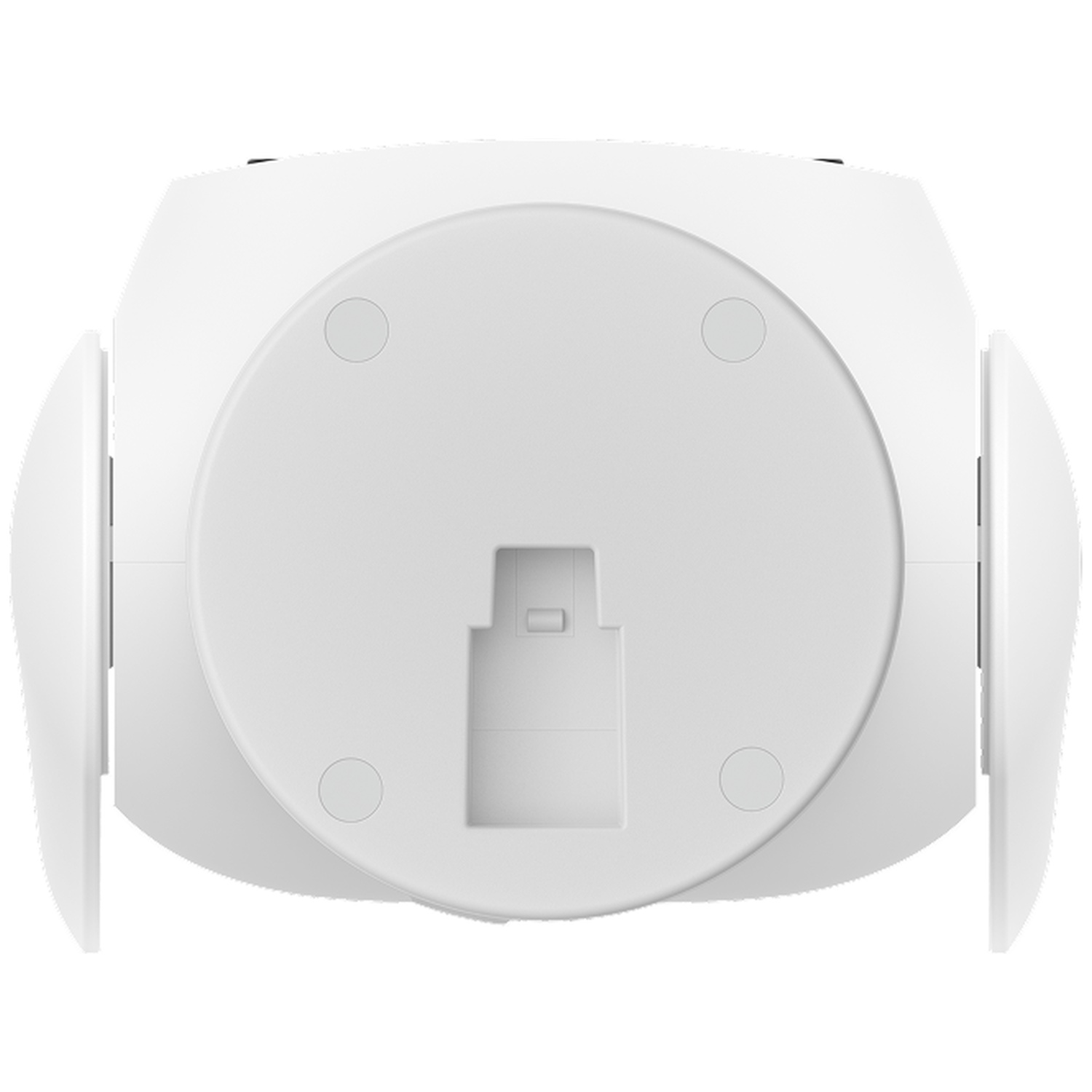 White electronic device with a circular base and side wings.