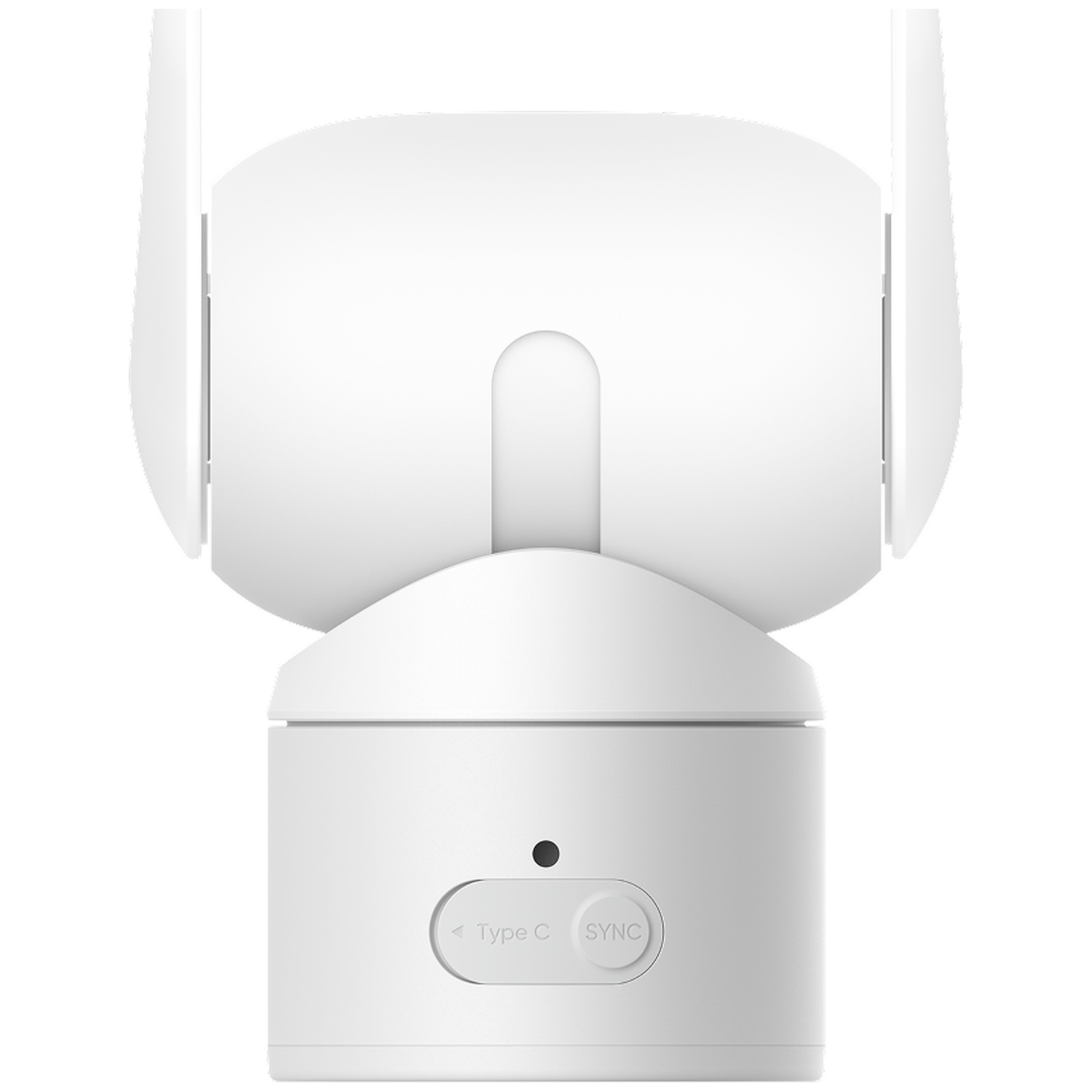 White, swiveling security camera with antennas and USB-C/Sync buttons.