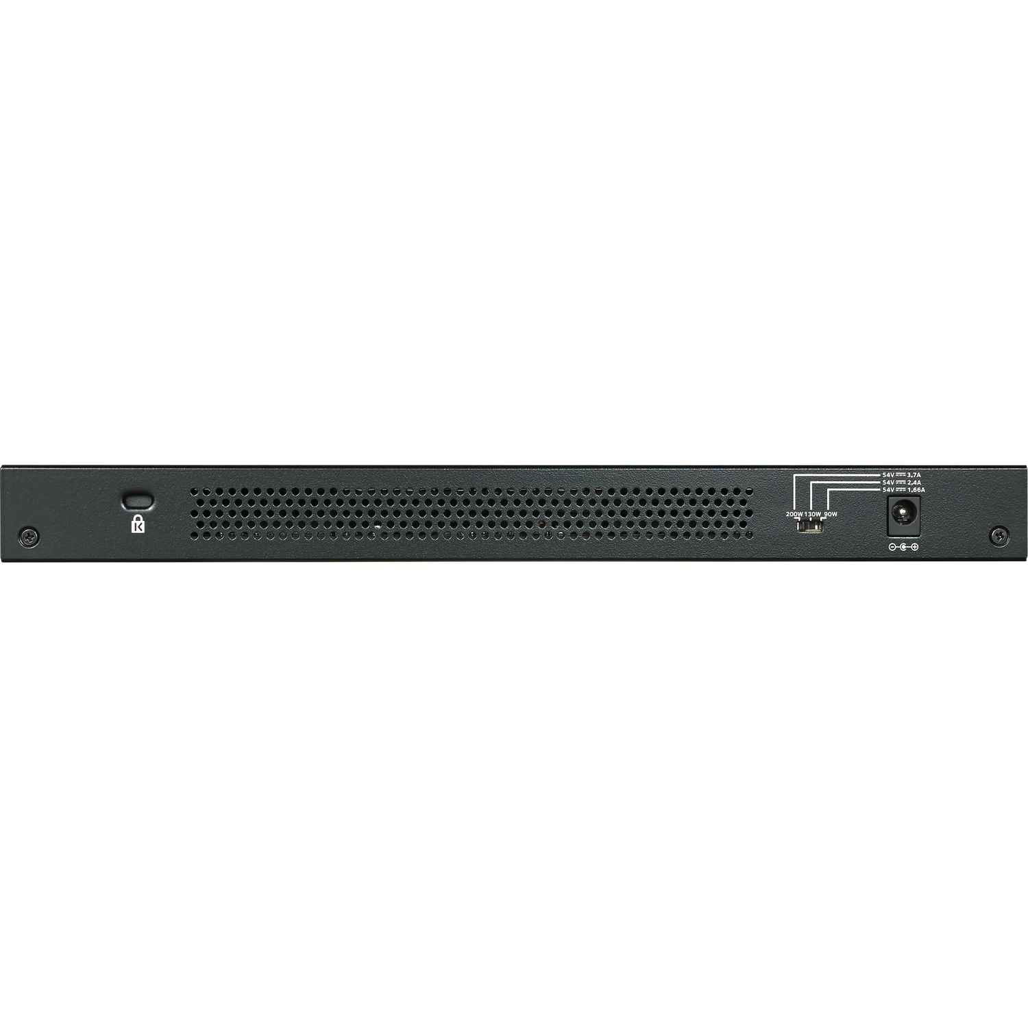 Black network device with vents, a lock icon, and ports.