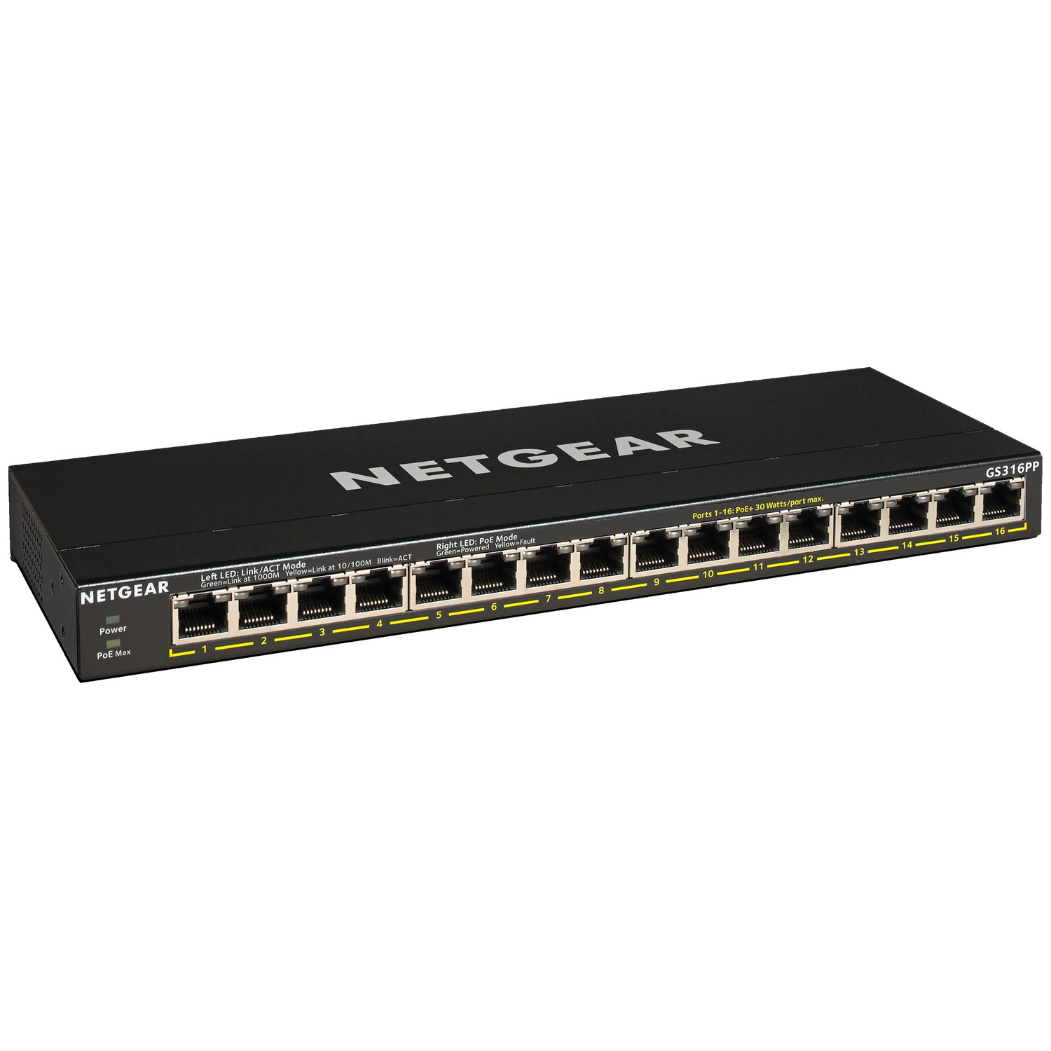 A black Netgear GS316PP switch with 16 ports, LEDs, and labels.