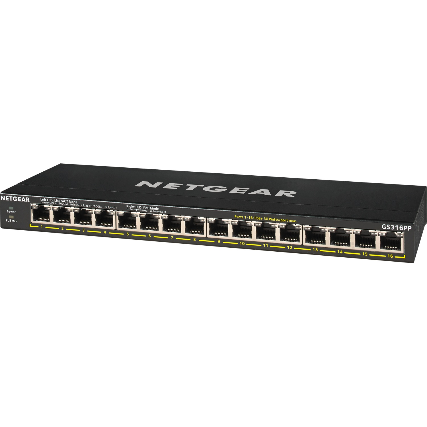 Black Netgear GS316PP switch with 16 ports and LEDs.