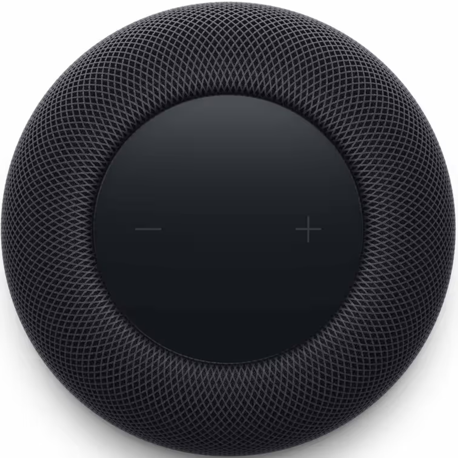 Un haut-parleur domestique intelligent rond et sombre avec tissu en maille et surface tactile.