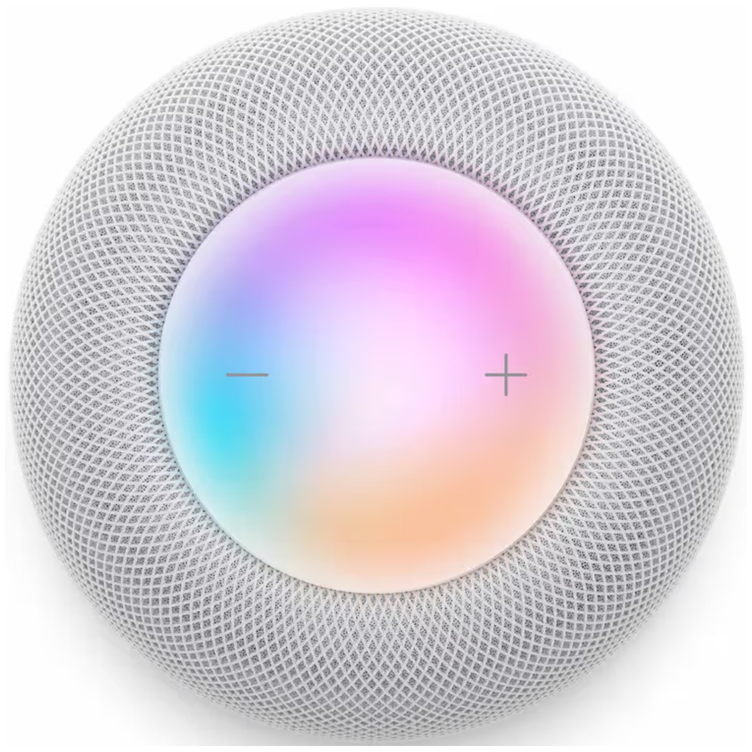 Gray smart speaker with a glowing top surface in rainbow colors.