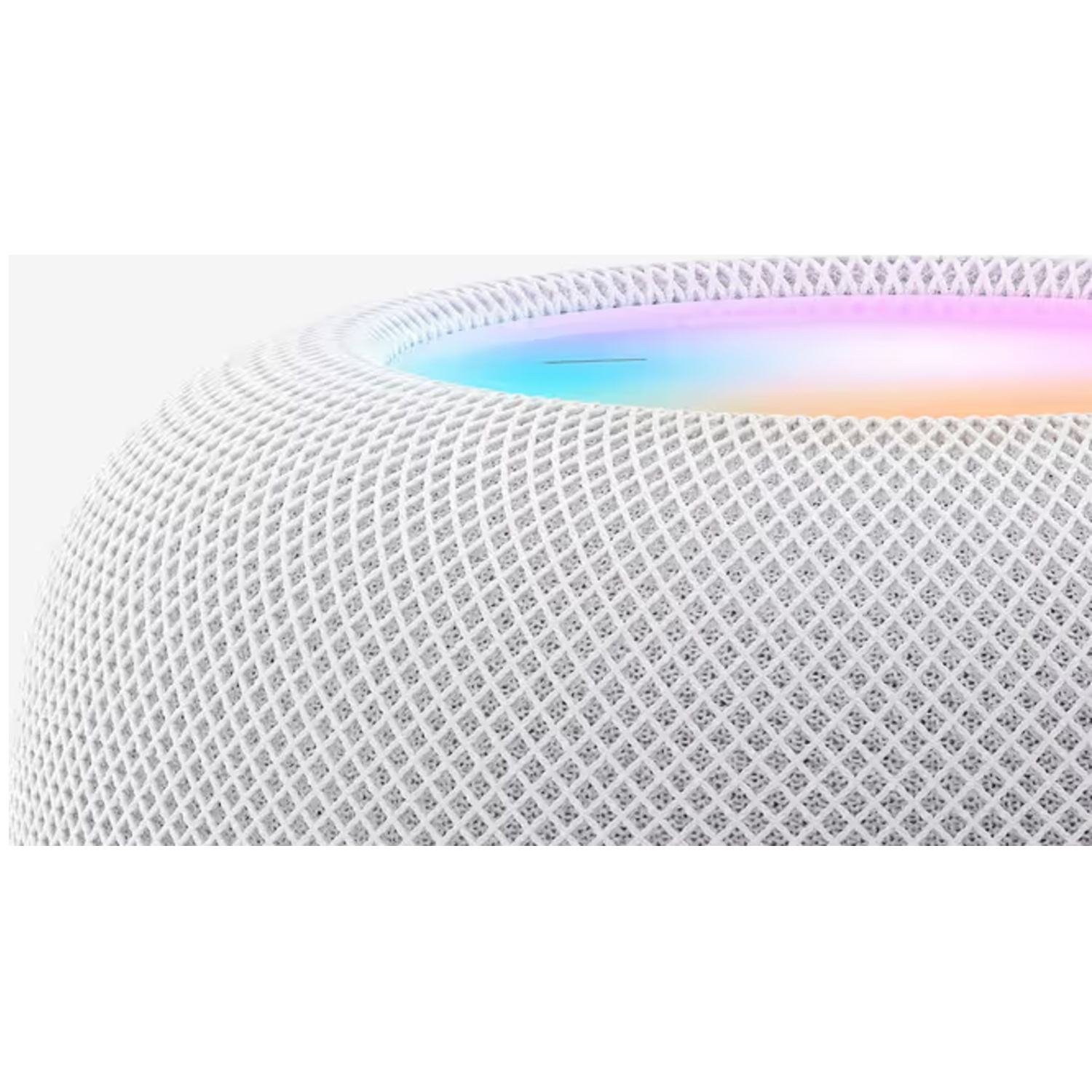 Close-up of a white speaker with a rainbow light effect on top.