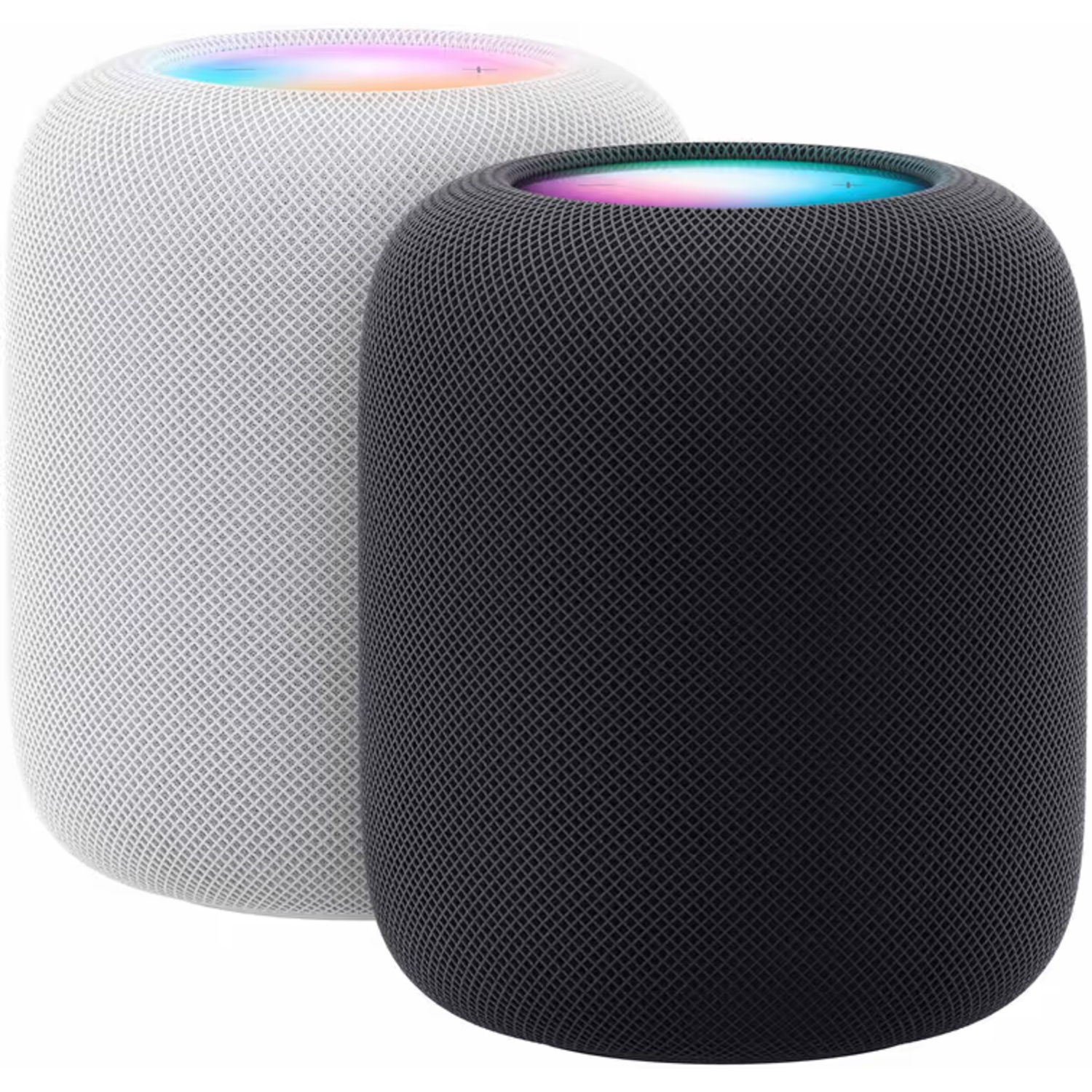 Two round speakers, one black and one white, with colorful lights on top.