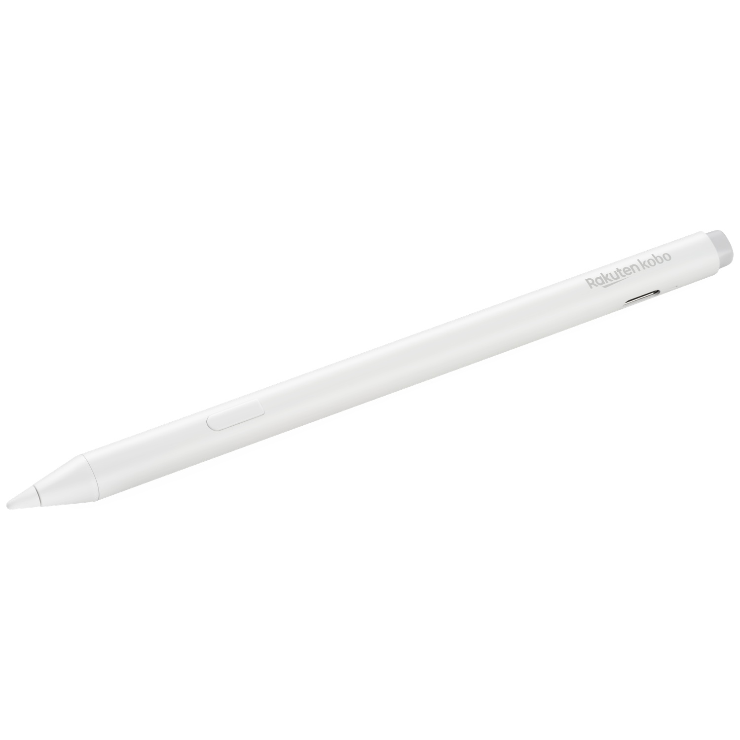 Un stylet blanc avec logo argenté et bouton, sur fond blanc.