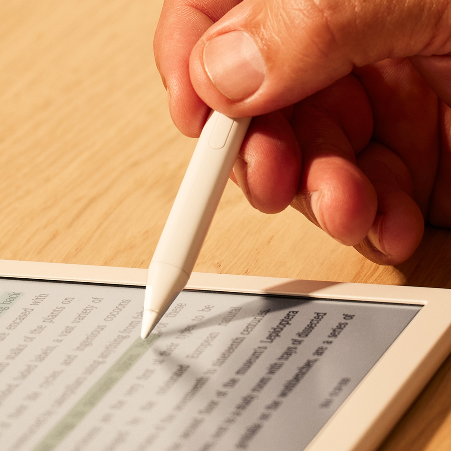 Une main tient un stylet blanc sur un écran de liseuse affichant du texte.