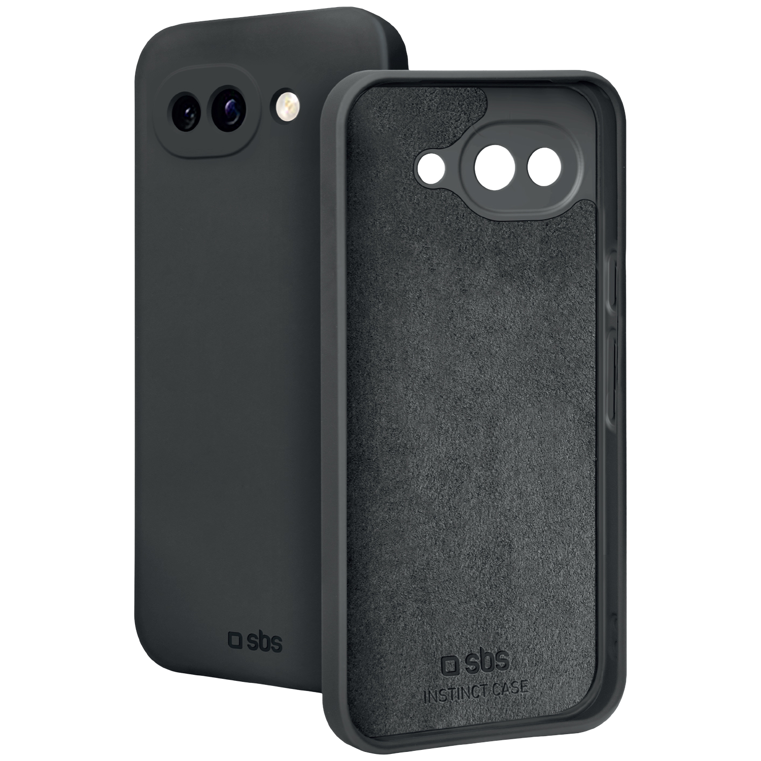 Deux coques de téléphone gris foncé. L'une montre des objectifs, l'autre son intérieur.