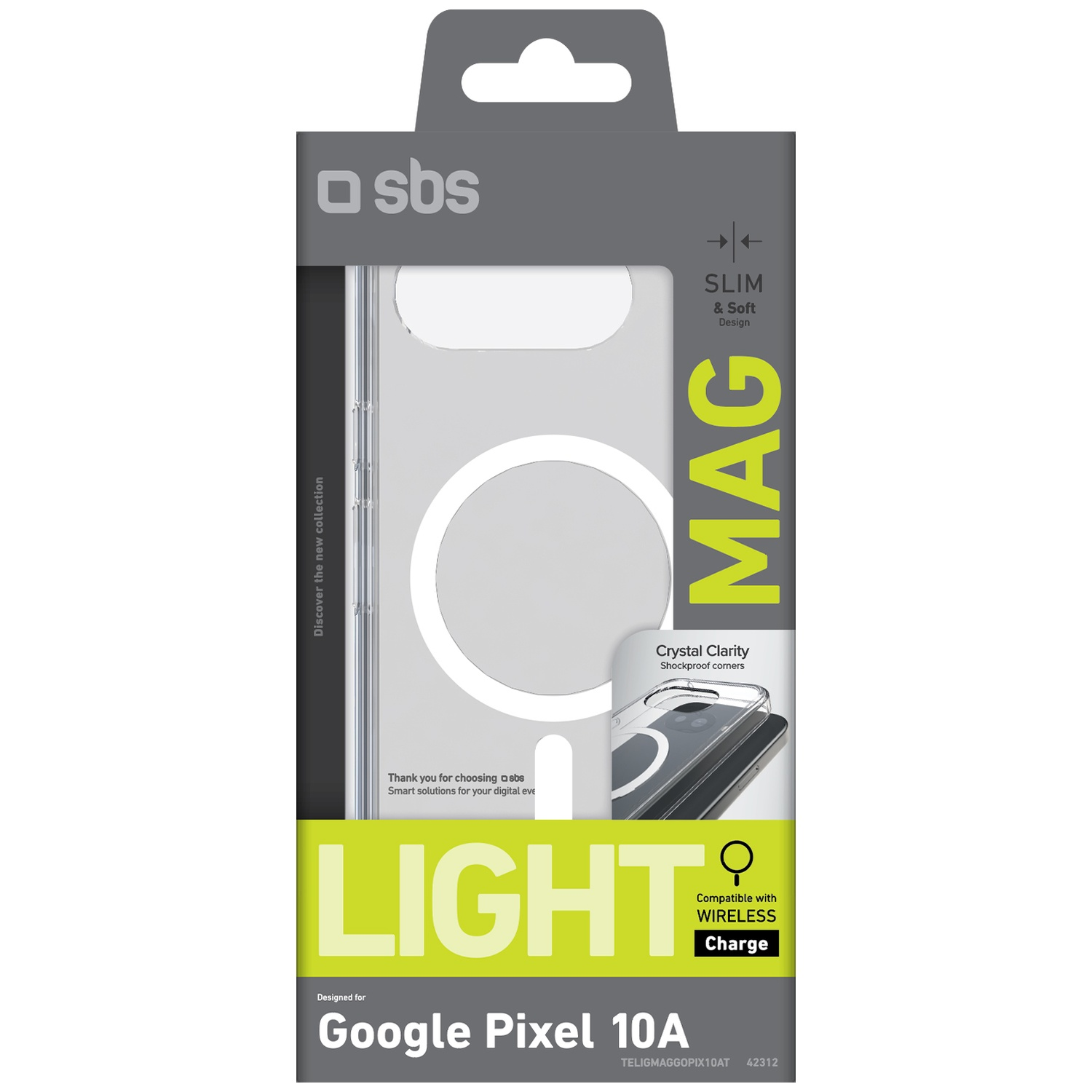 Emballage coque SBS MAG pour Google Pixel 10A, coque transparente, design léger.