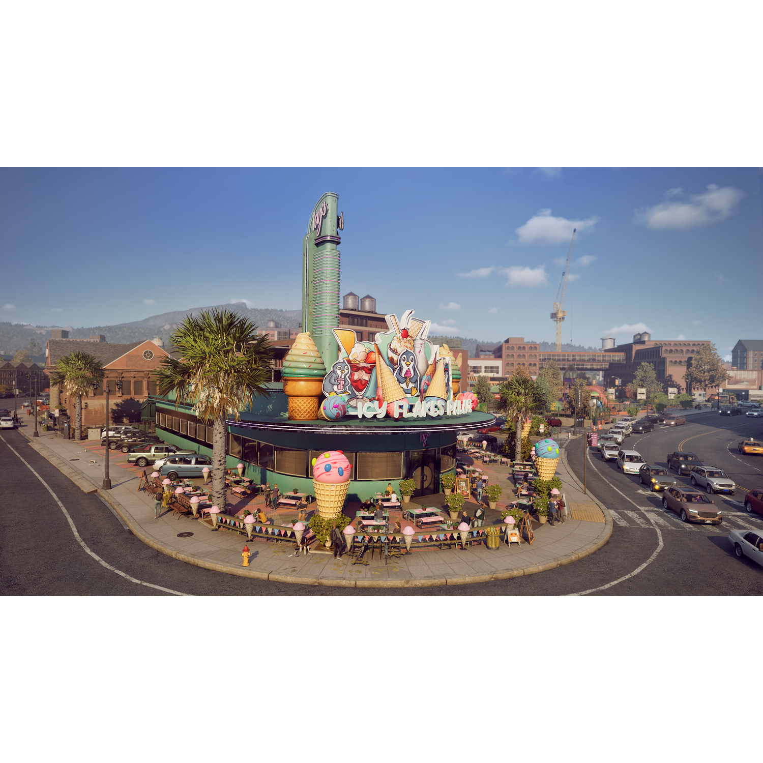 An ice cream shop with large ice cream decorations and outdoor seating.