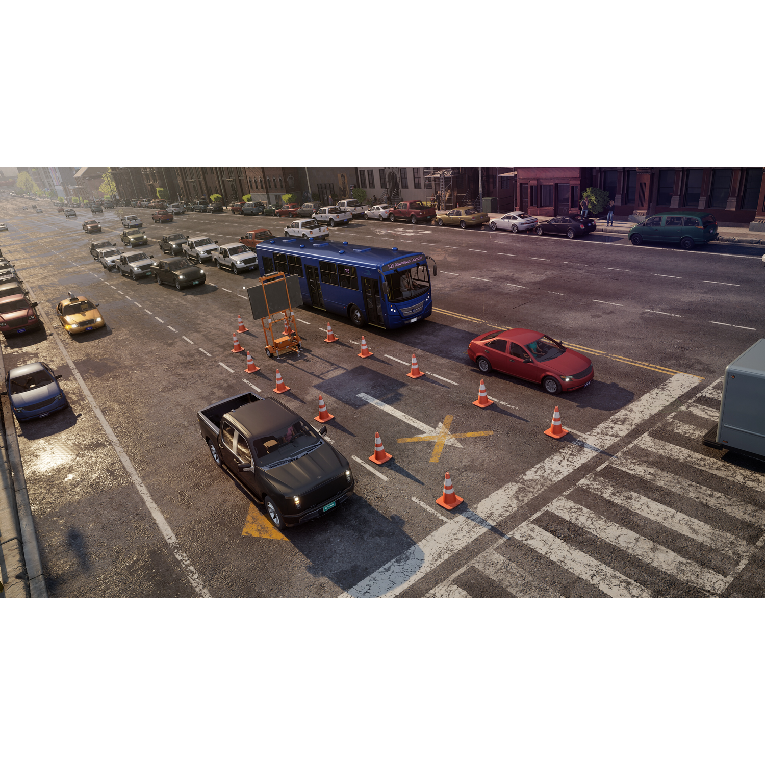 Traffic practice area with cars, a blue bus, cones, and a crosswalk.