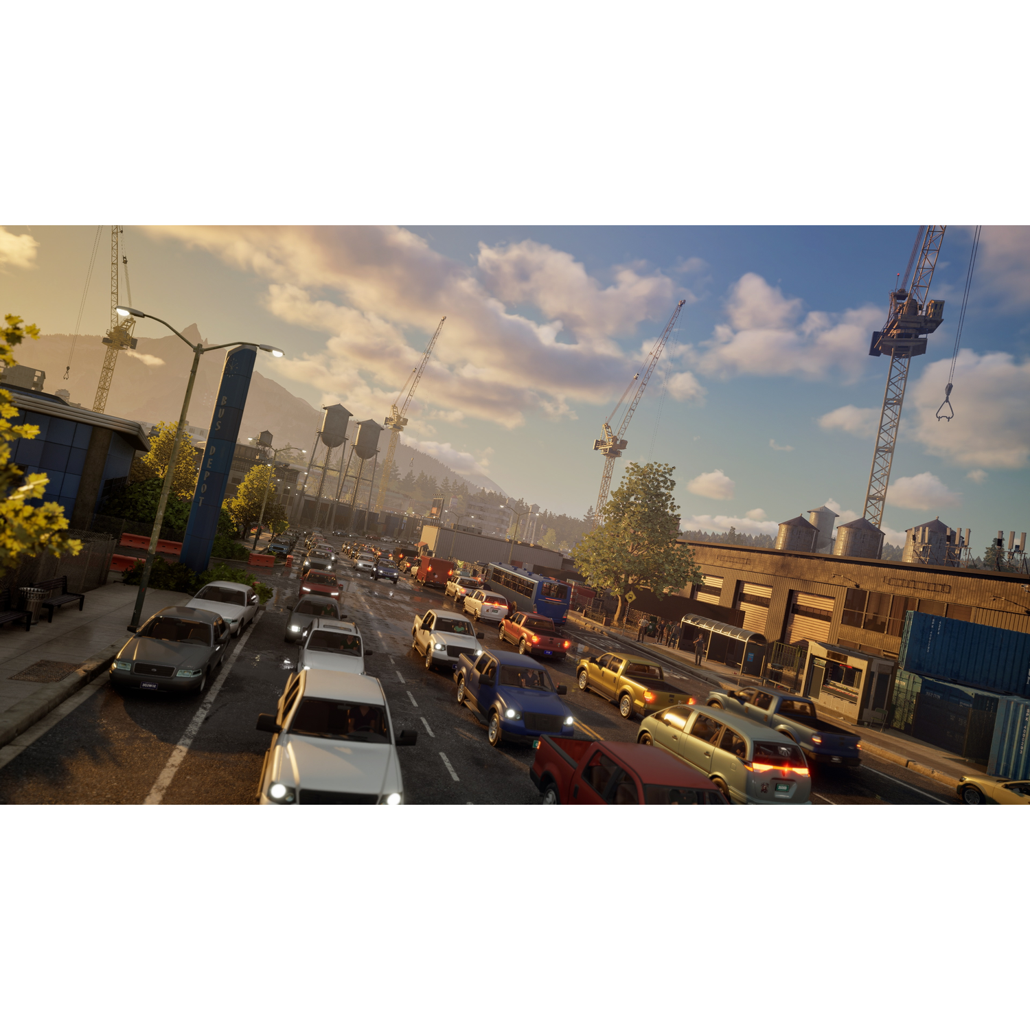 Cars in traffic jam before an industrial area with cranes and water towers.