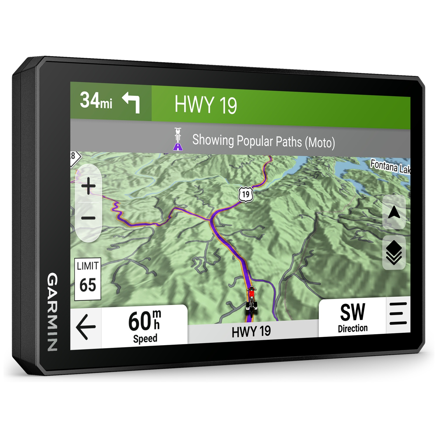 Garmin GPS shows map with HWY 19 route, speed 60 mph.