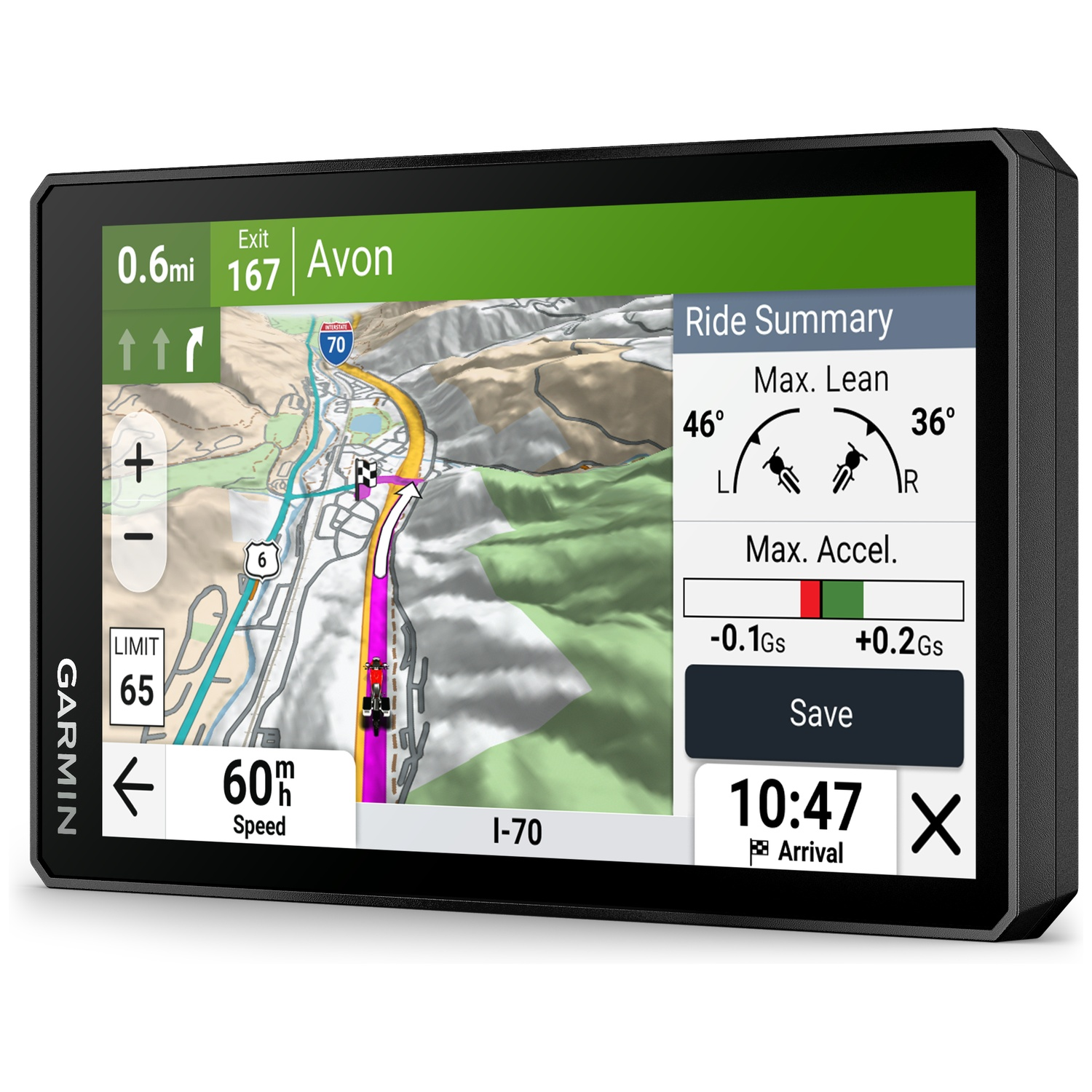 Garmin navigation device shows a map with route, speed, and ride summary.