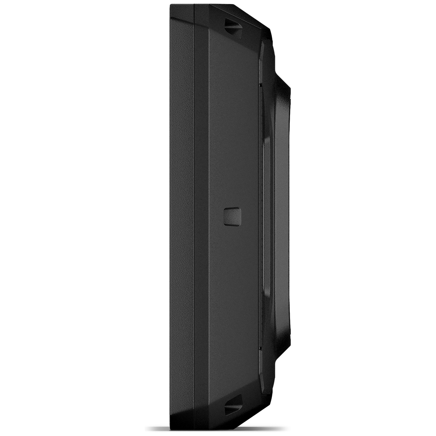 Black, rugged electronic device shown from the side, with texture.