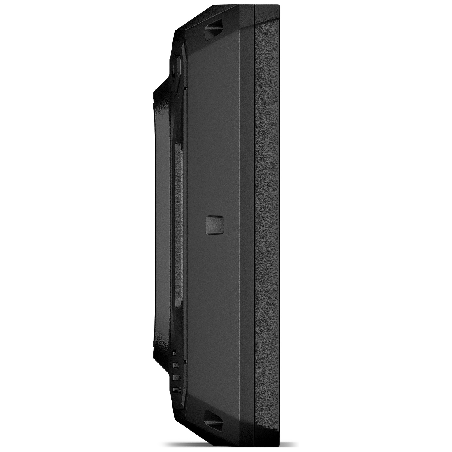 Side view of a black textured electronic device with a beveled edge.