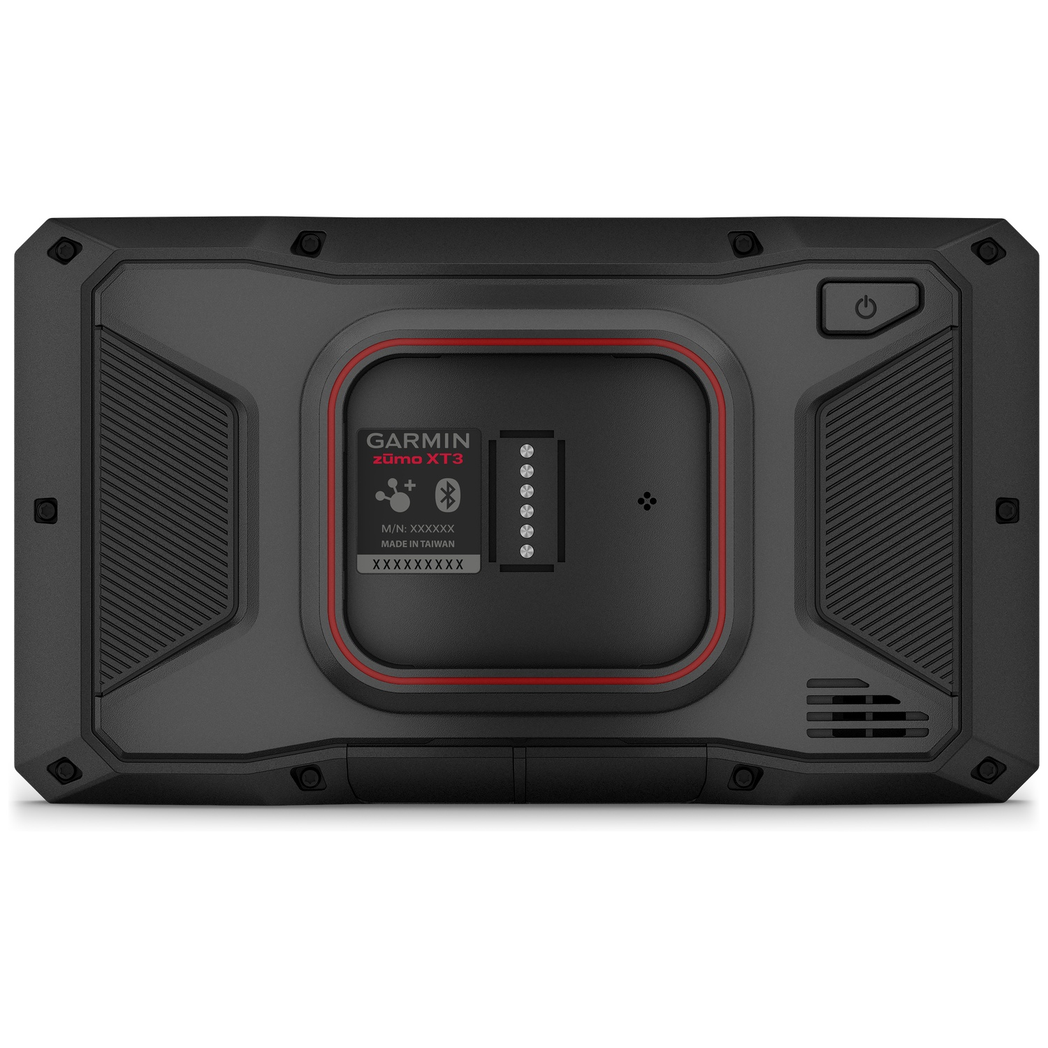 Back of a black Garmin Zumo XT3 navigation device with charging contacts.