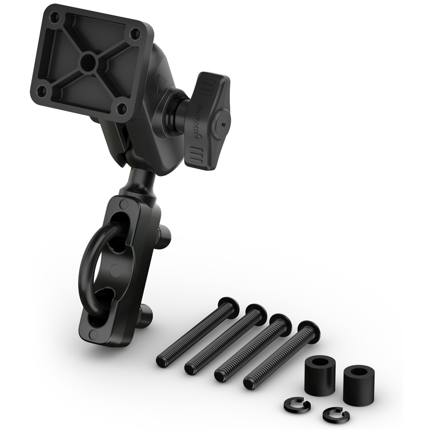 Black Garmin mount with screws and spacers on a white background.