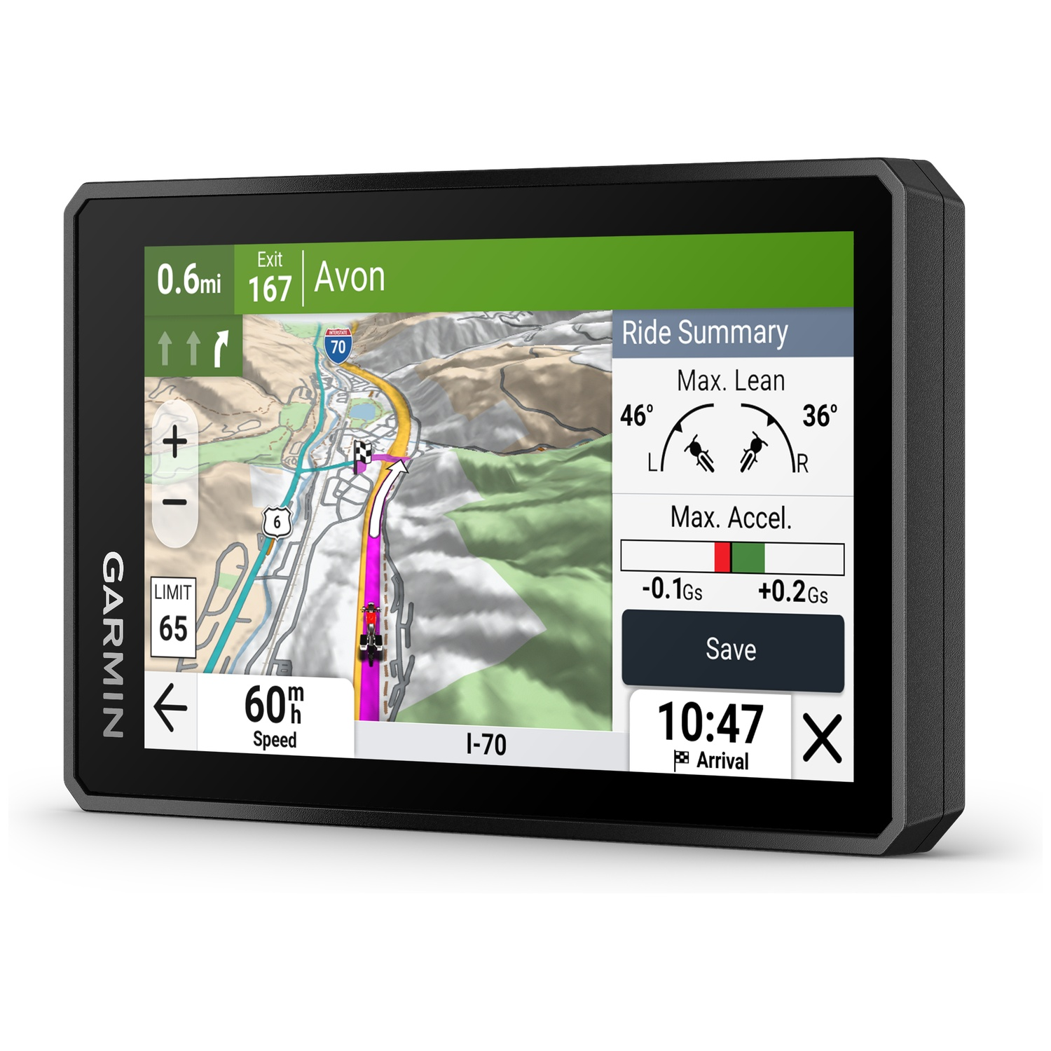 Garmin GPS shows a map, ride summary with lean and acceleration data, and arrival time.