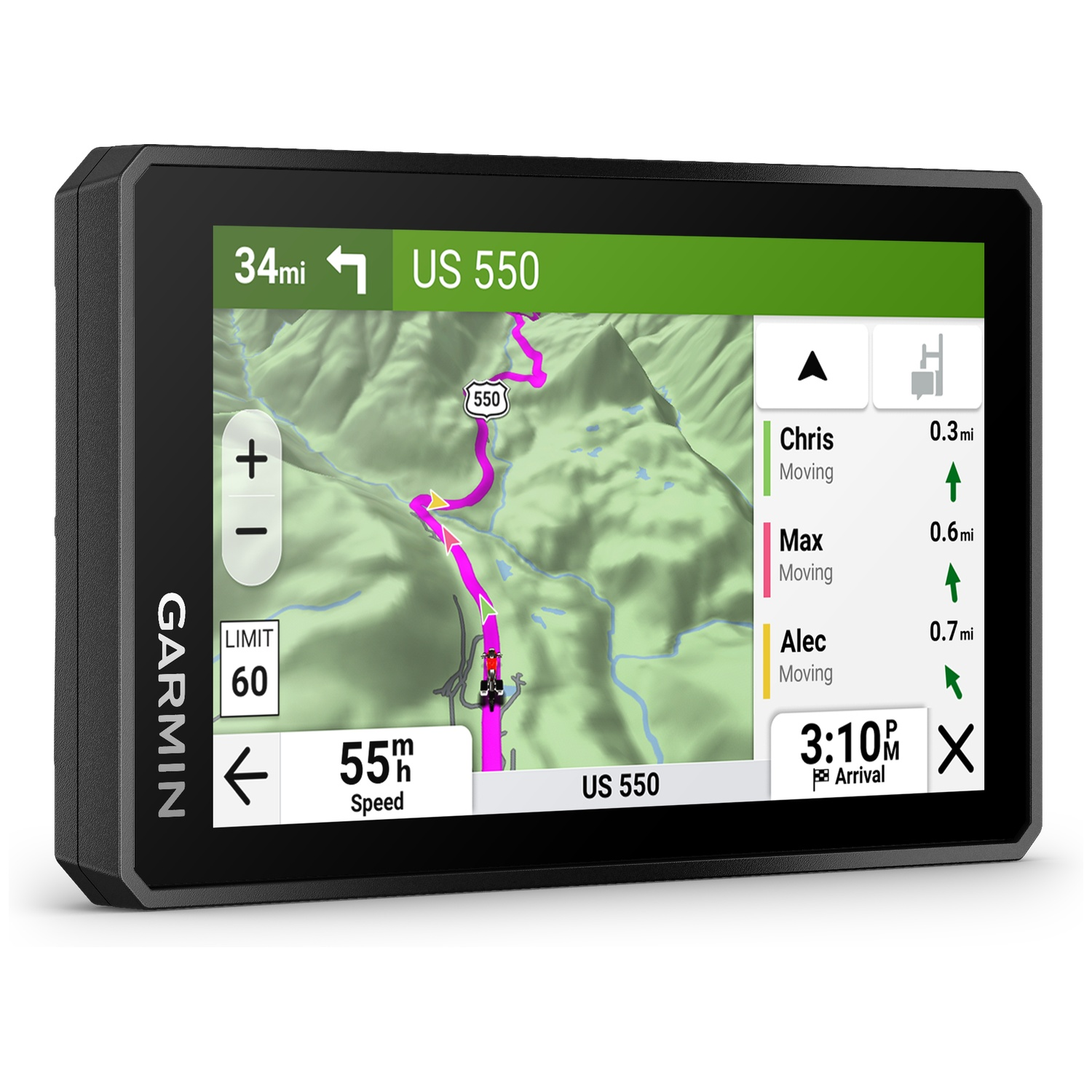 Garmin navigation device shows map with route, speed, and arrival time.