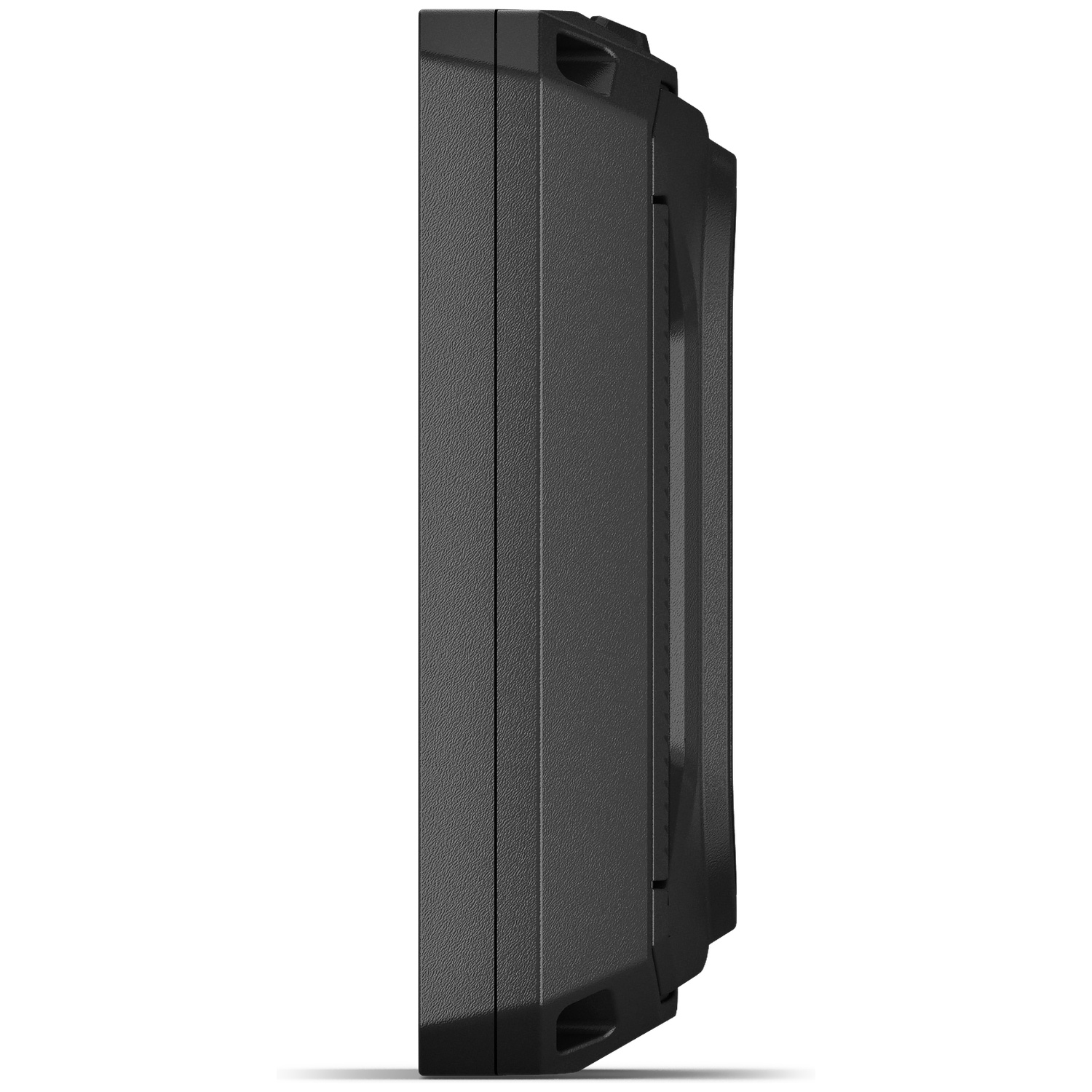 Side view of a black, textured electronic device with angular details on a white background.