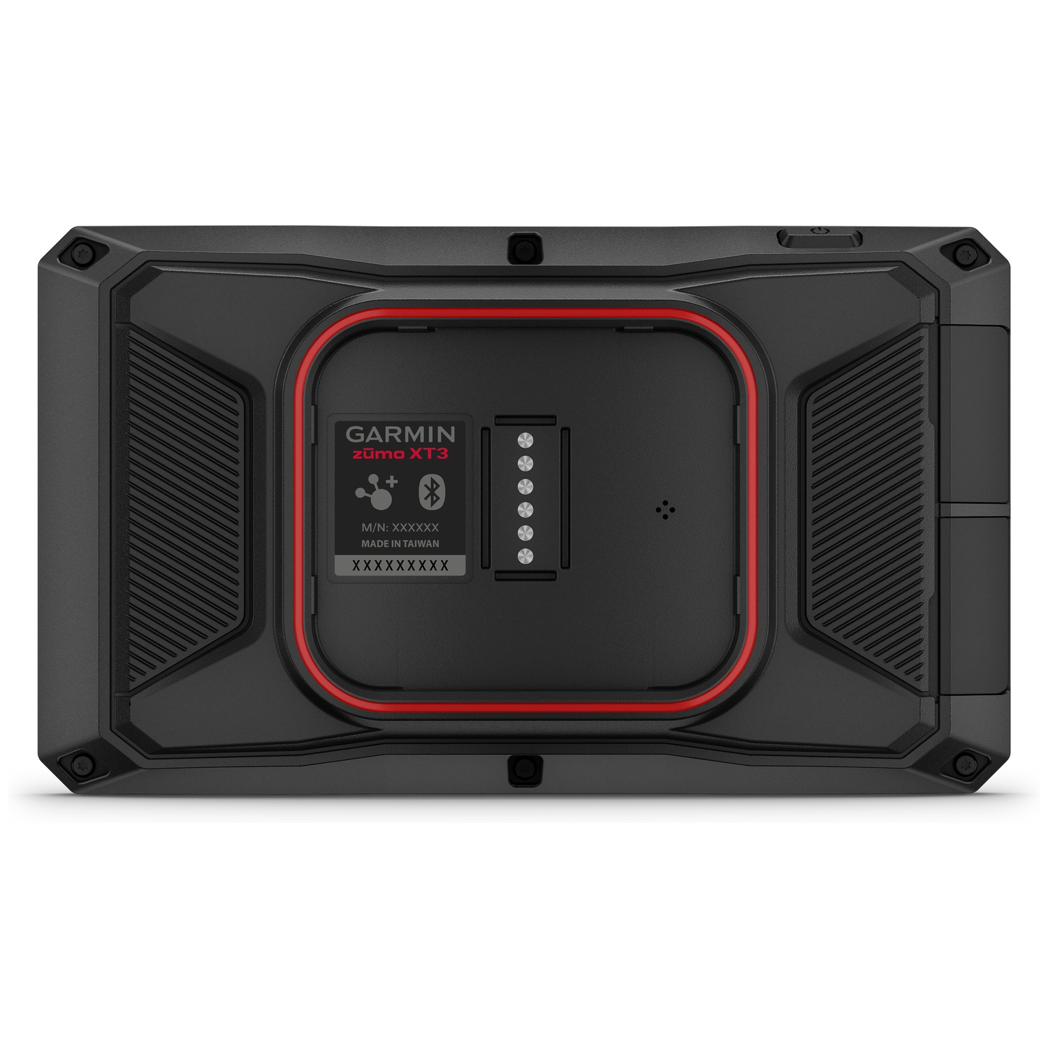 Back view of a black Garmin Zumo XT3 navigation device with red accents.