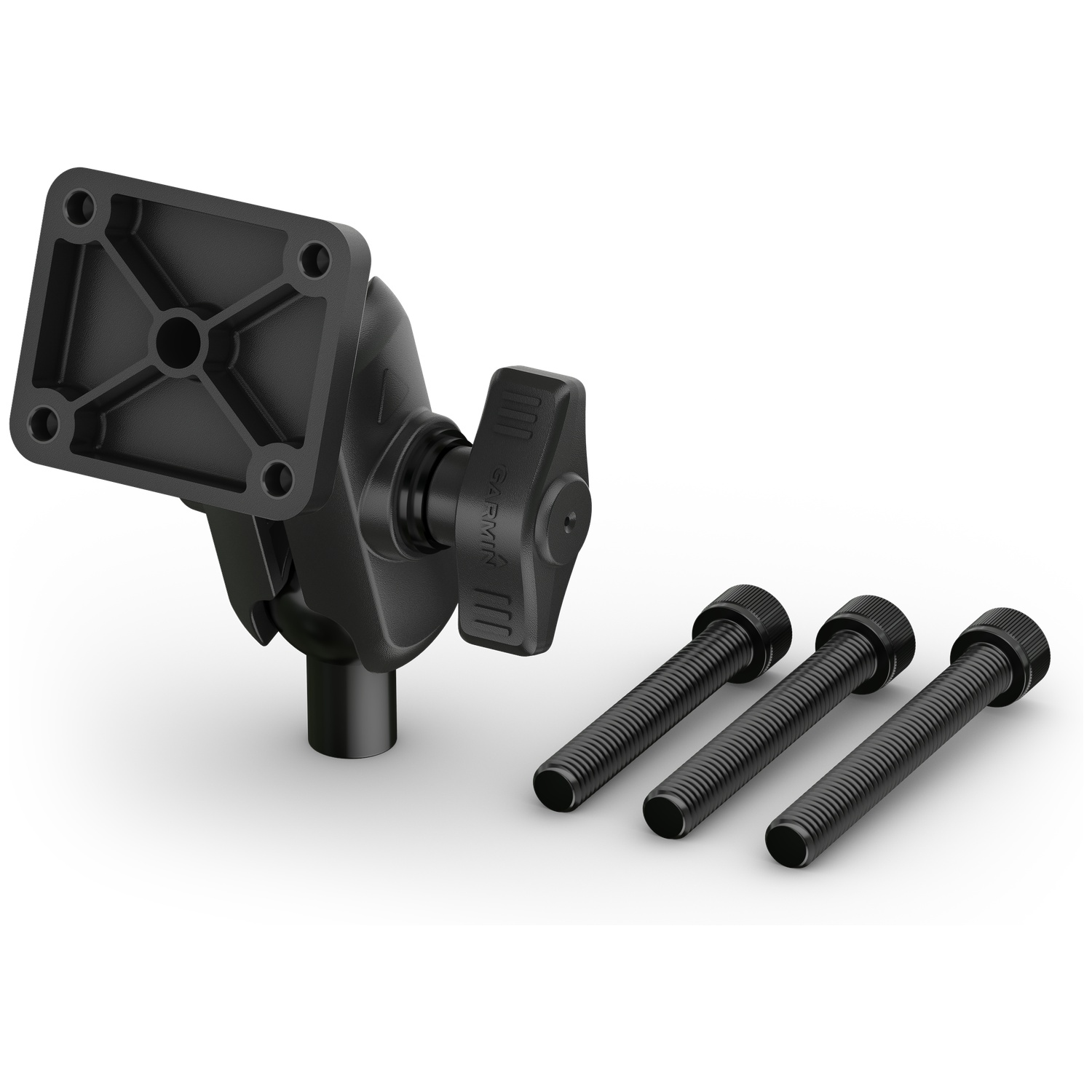 Black Garmin mount with three screws on a white background.