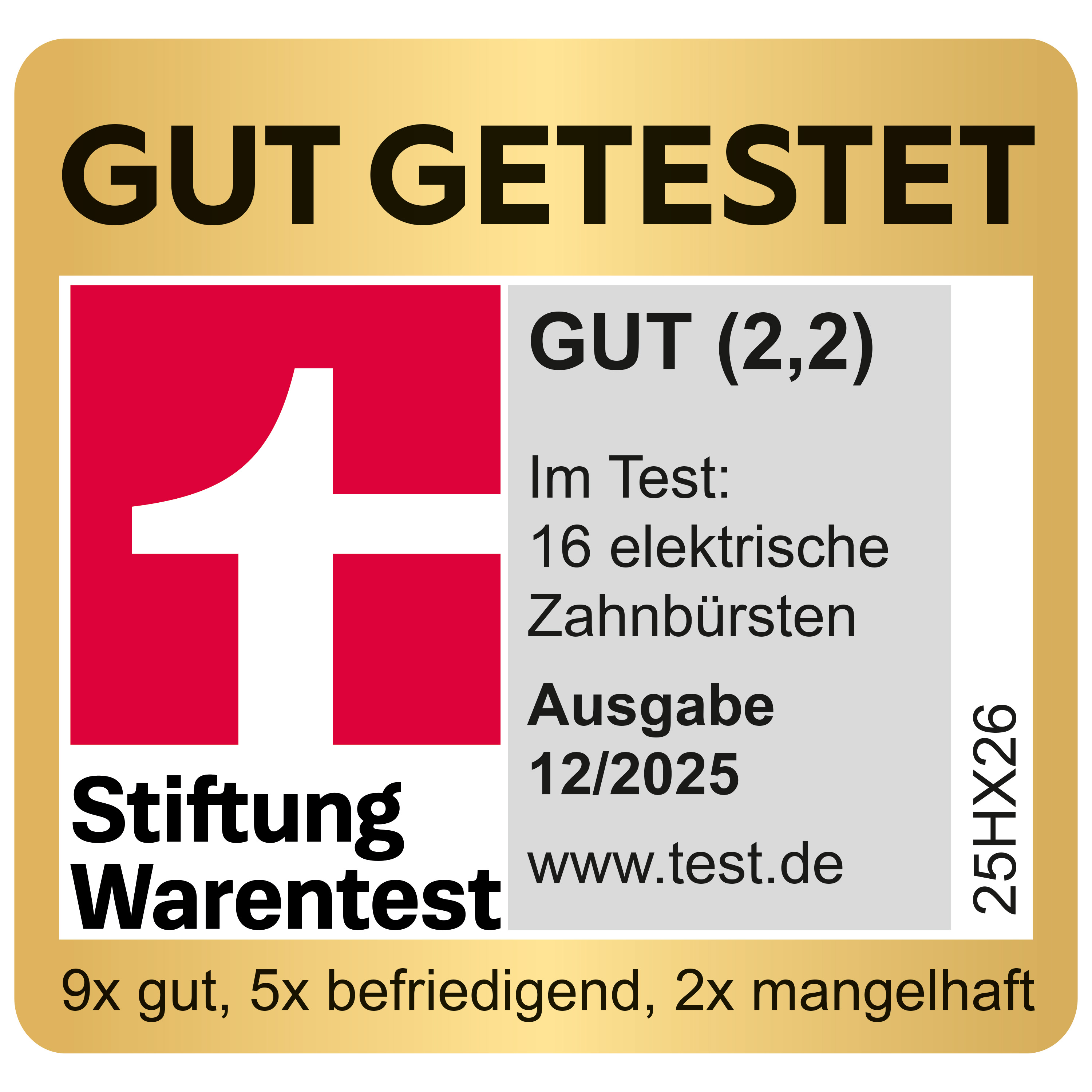 Siegel: GUT GETESTET, GUT (2,2), 16 elektrische Zahnbürsten, Ausgabe 12/2025.