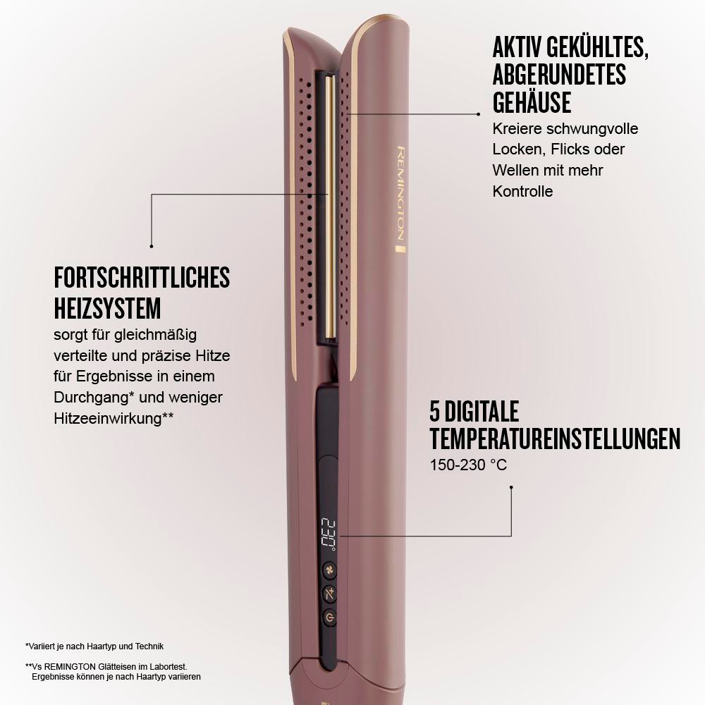 Ein rosa Remington Glätteisen mit Text-Overlays, die Funktionen hervorheben.