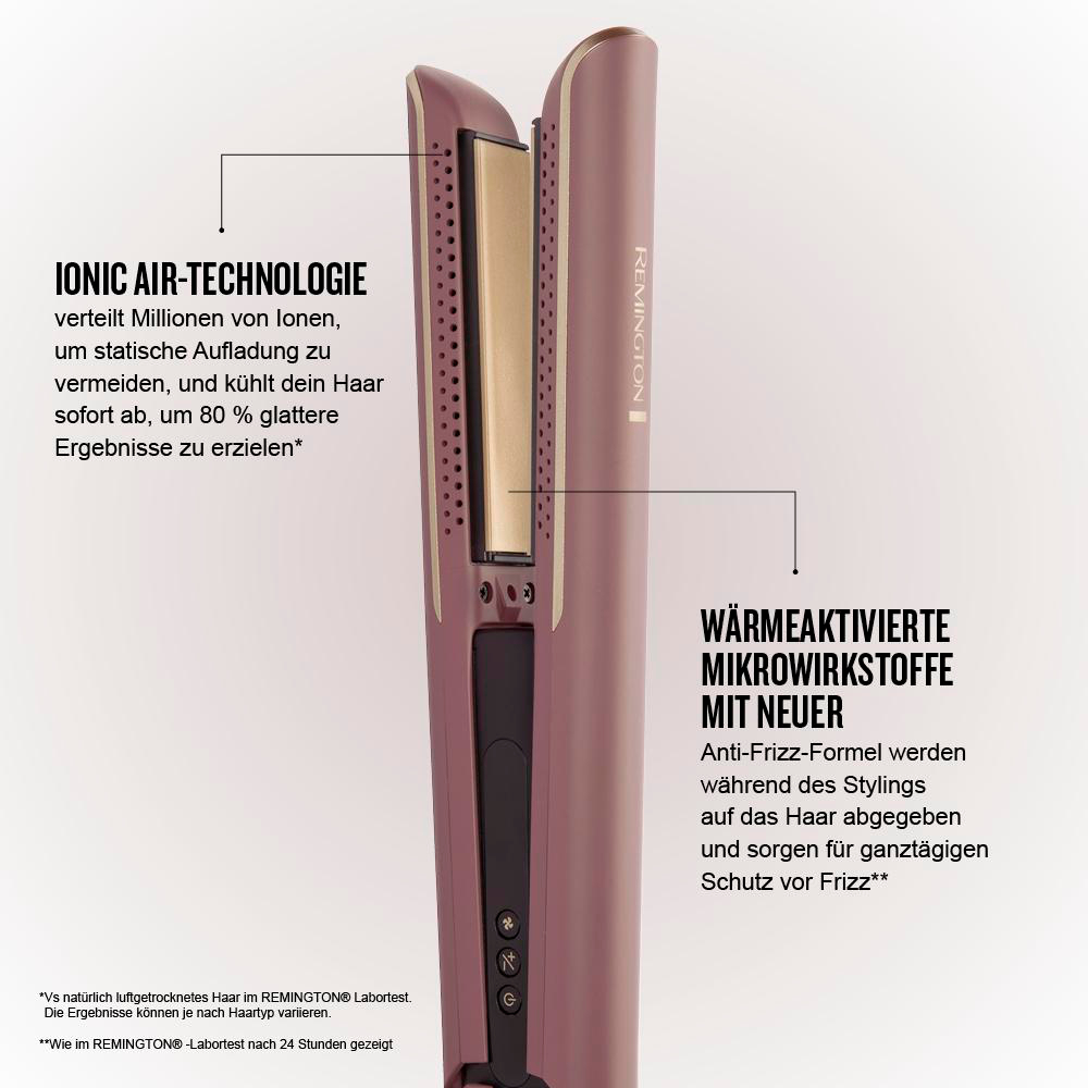 Ein rosafarbener Haarglätter von Remington mit technischen Details.