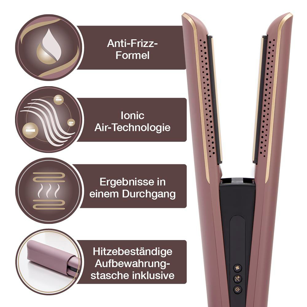 Haarglätter mit Anti-Frizz, Ionic Air, schnellen Ergebnissen und Hitzeschutztasche.