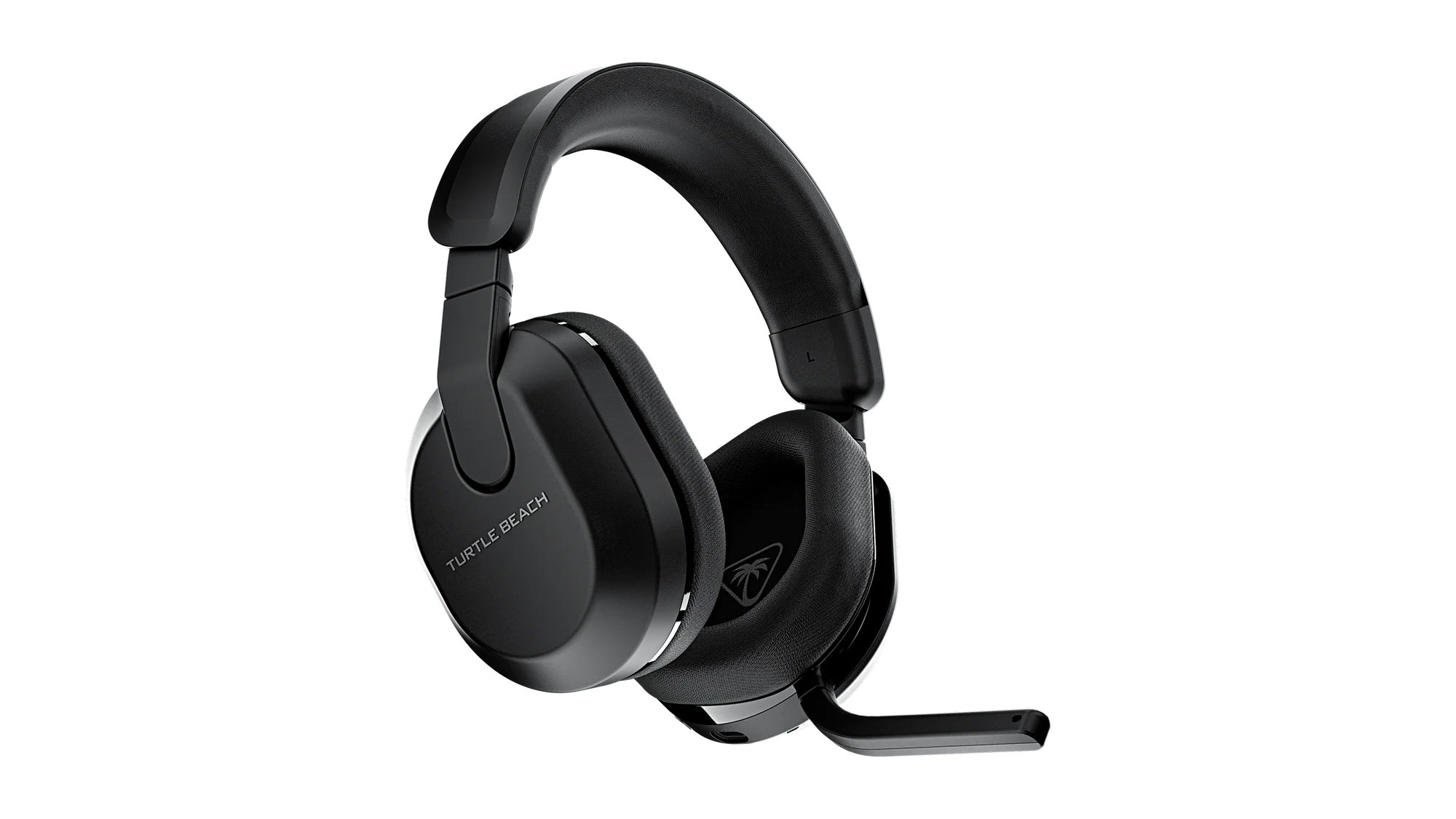 Auriculares negros para juegos Turtle Beach con micrófono, sobre fondo negro.