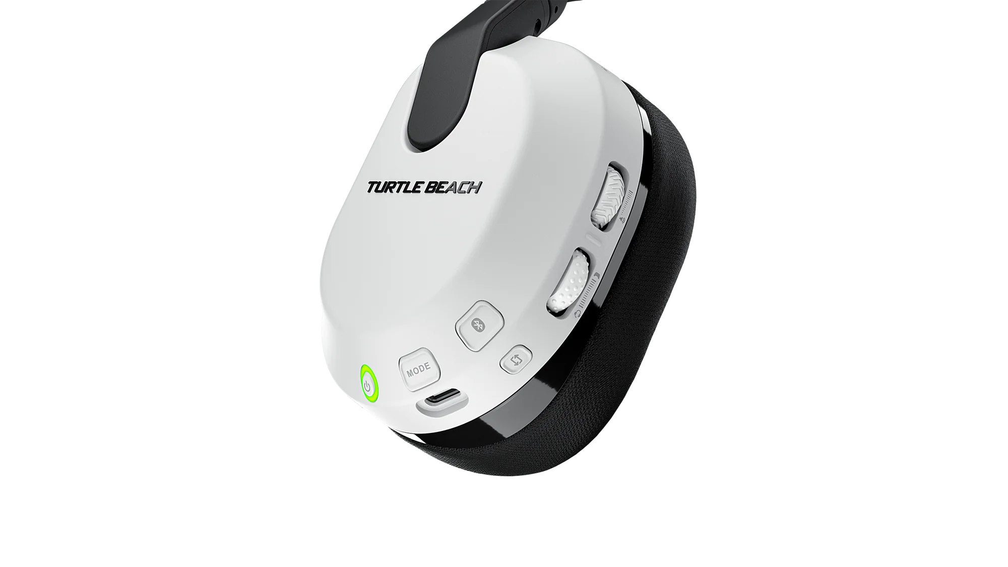 Auriculares blancos con almohadillas negras y controles plateados.