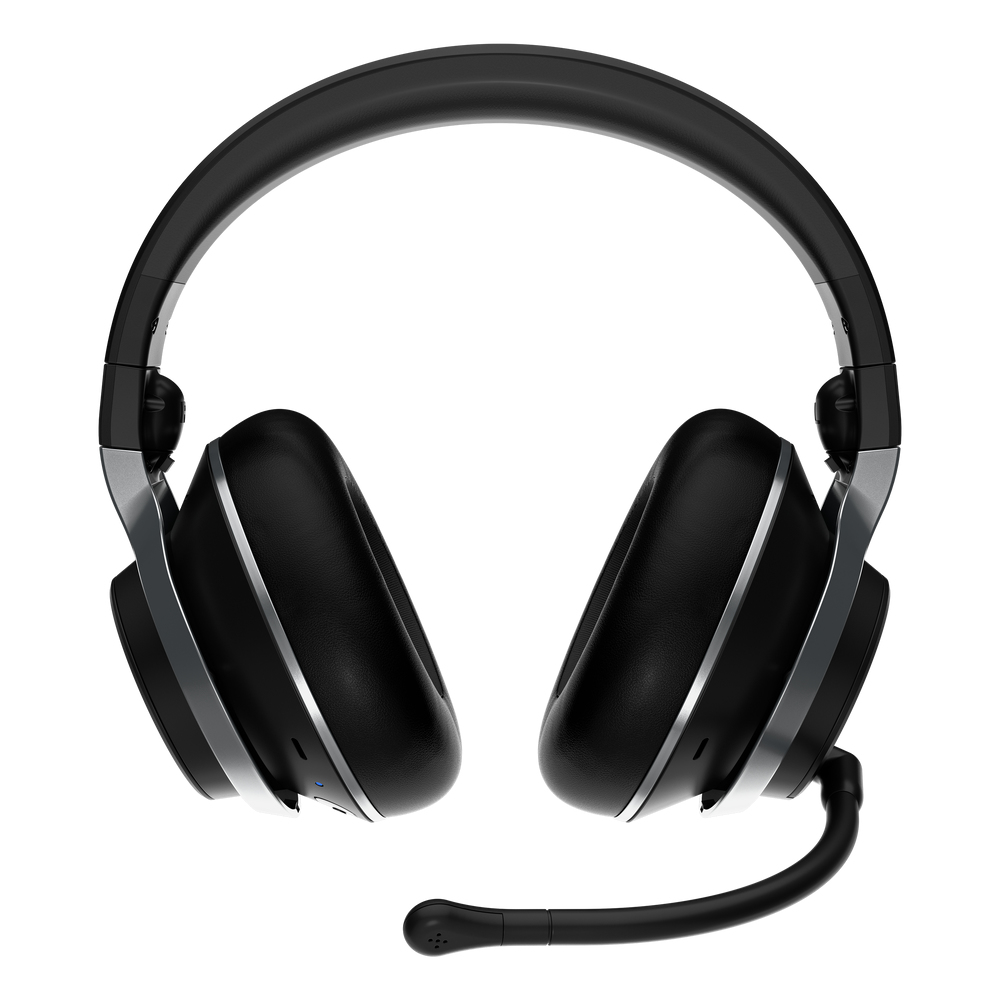 Auriculares negros circumaurales con micrófono sobre fondo blanco.
