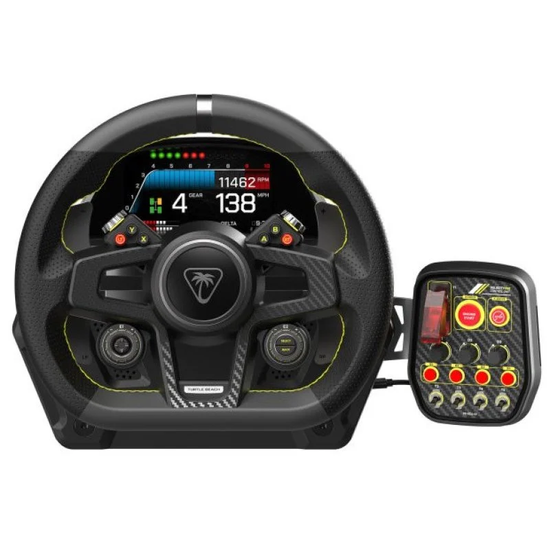 Un volante de carreras negro con acentos amarillos y unidad de pantalla digital.