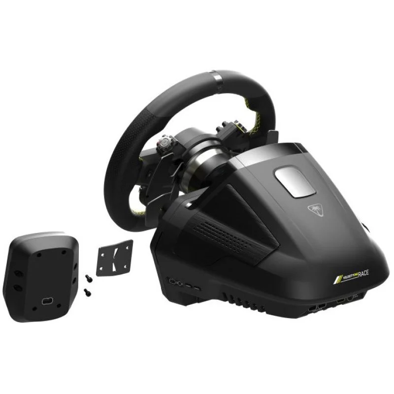 Un volante de carreras negro y base con palancas separadas. Incluye placa de montaje y tornillos.