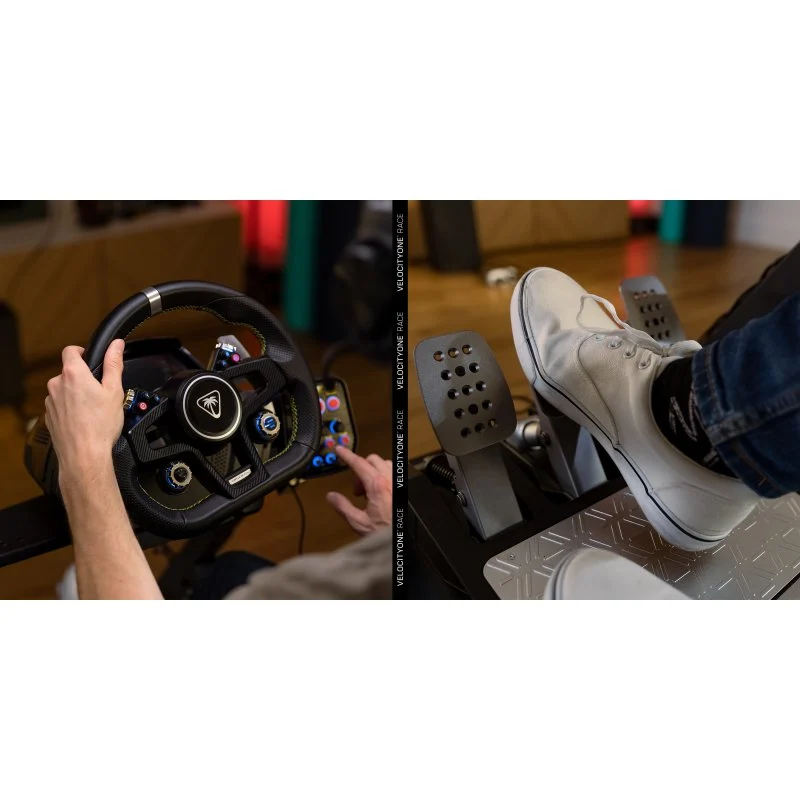 Manos en el volante, pies en los pedales de un simulador de carreras.