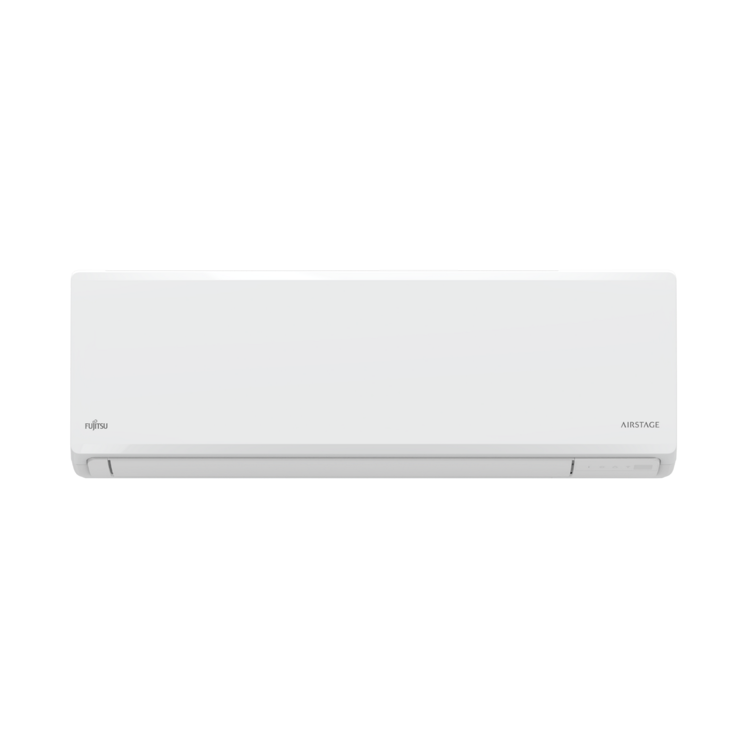Un aire acondicionado Fujitsu AIRSTAGE blanco con letras plateadas sobre fondo gris.
