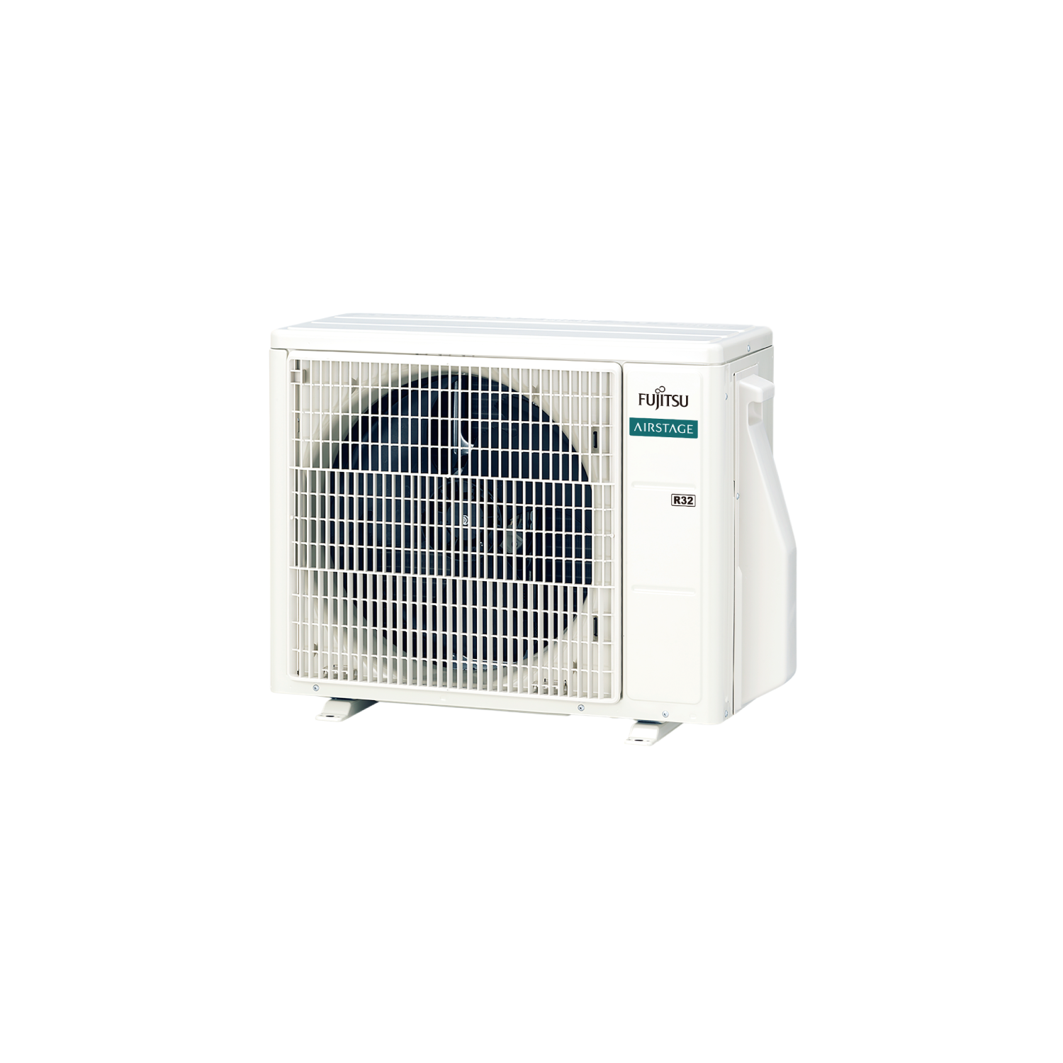 Unidad exterior de aire acondicionado blanca con ventilador y logo Fujitsu.