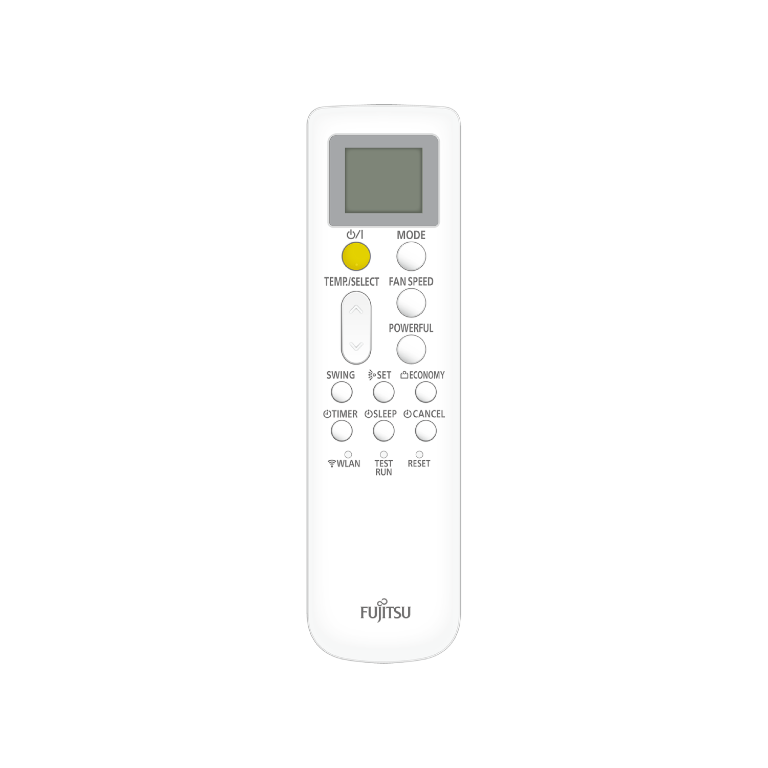 Un control remoto Fujitsu blanco con botón amarillo y pantalla.