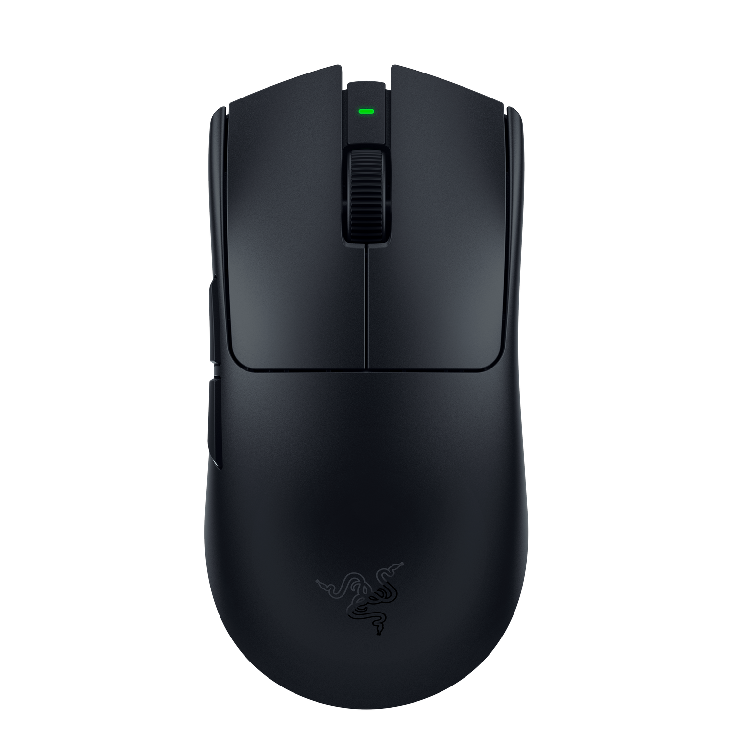 Ratón de ordenador negro con rueda de desplazamiento y luz verde.