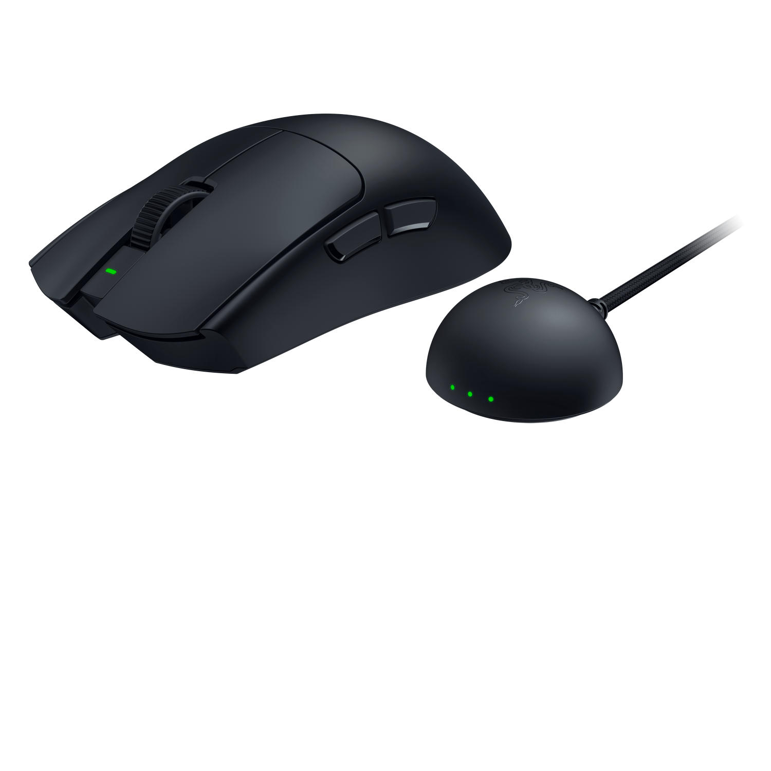 Ratón gaming negro con base de carga e indicadores LED verdes.
