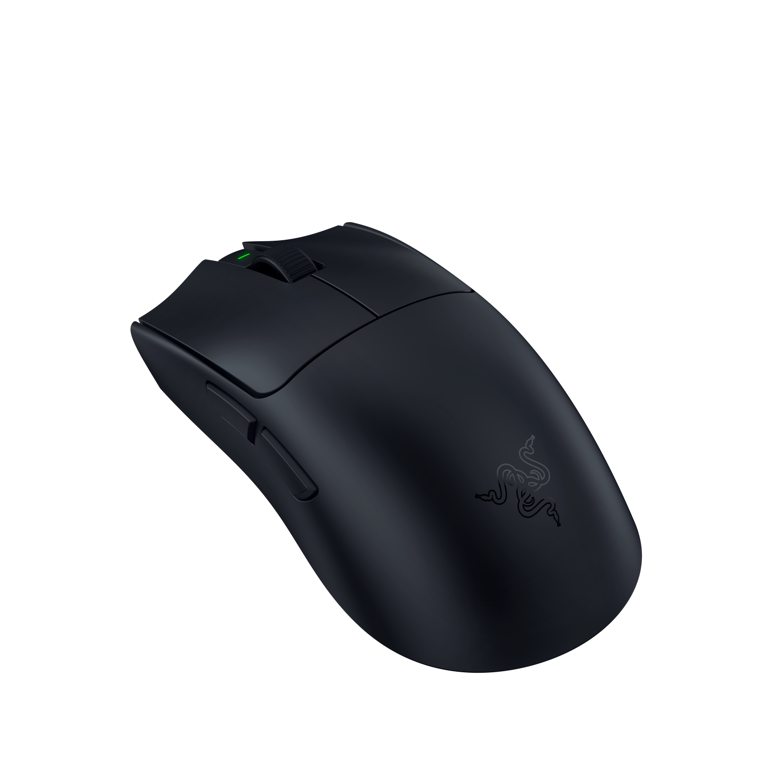 Ratón gaming Razer negro con rueda de scroll y logo verde brillante.